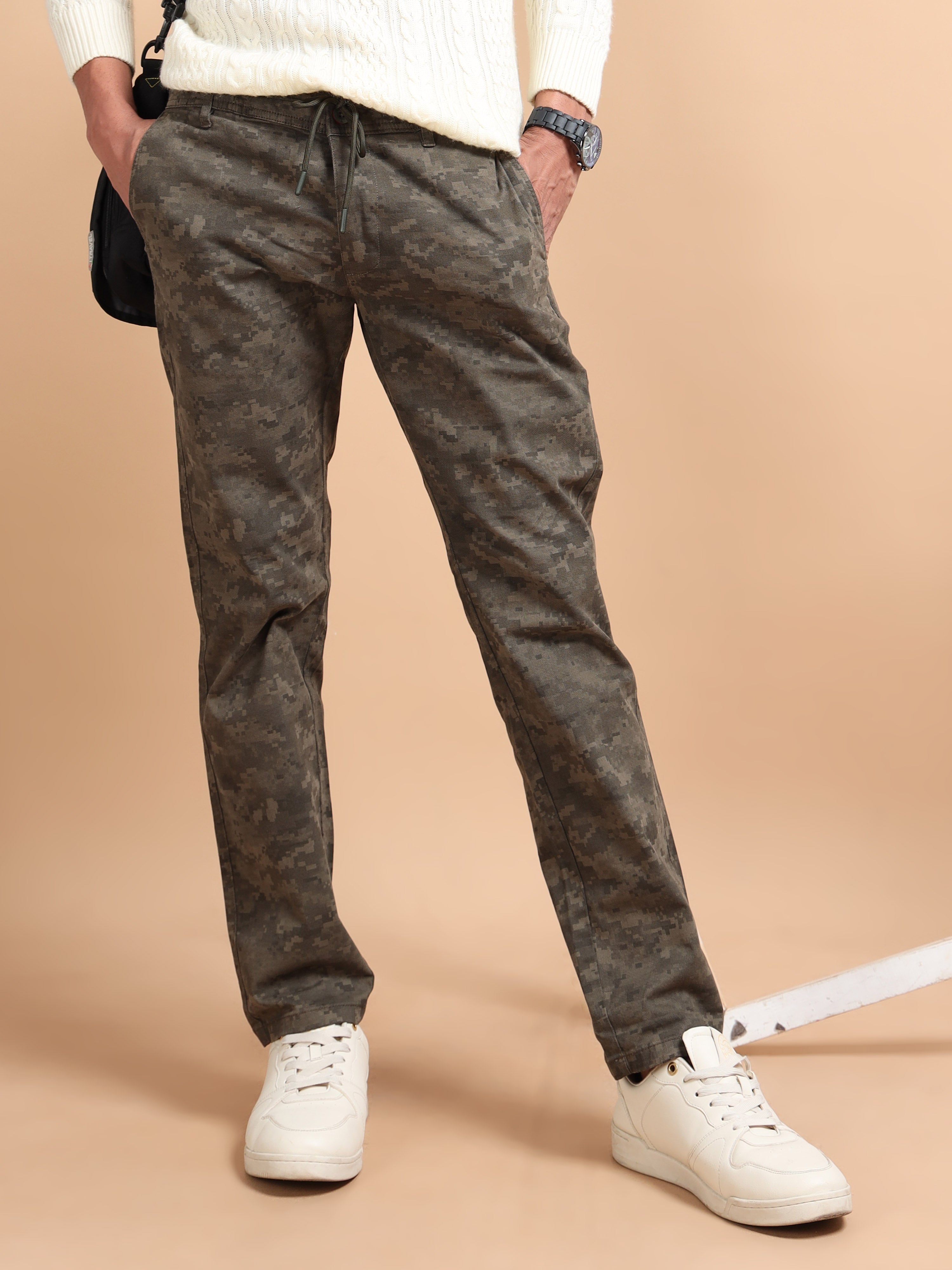 MEN'S OLIVE PRINT REGULAR FIT TROUSER