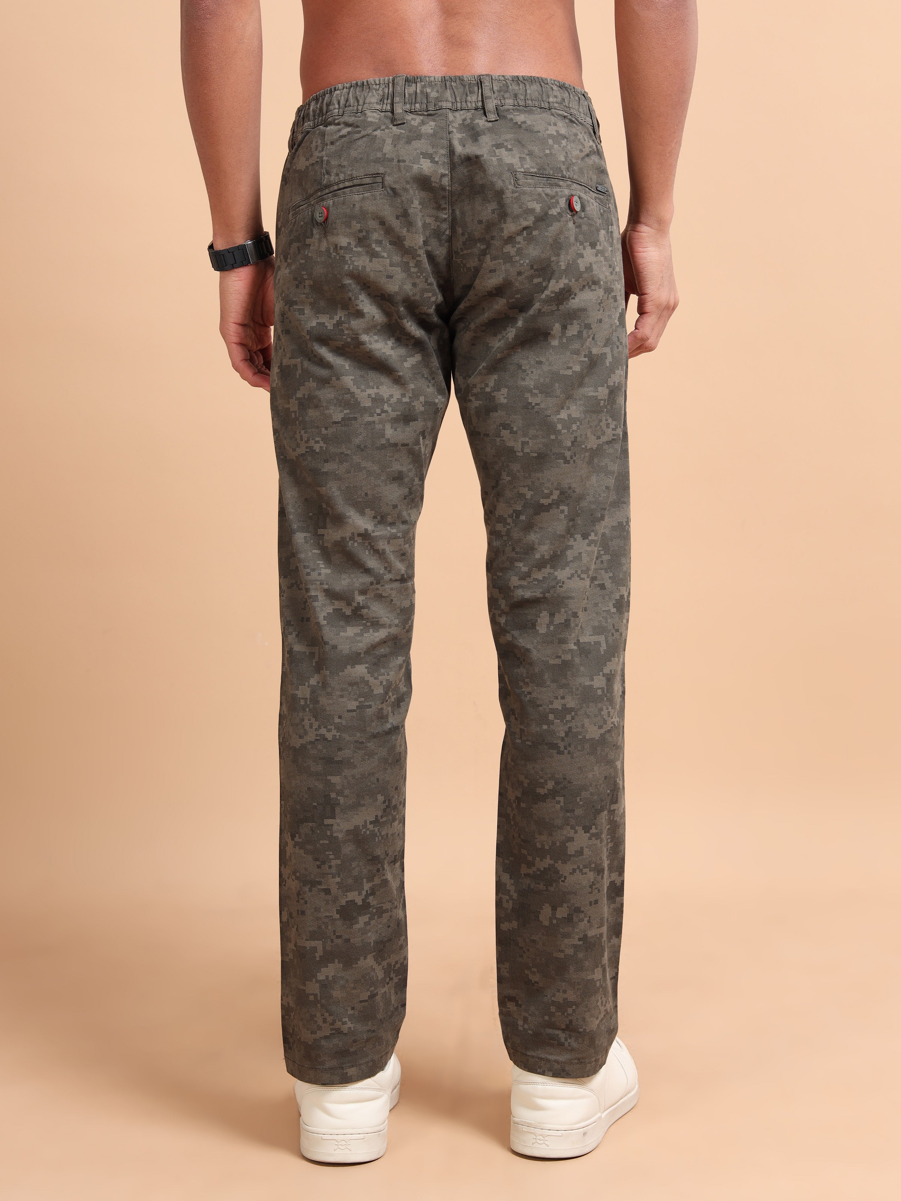 MEN'S OLIVE PRINT REGULAR FIT TROUSER