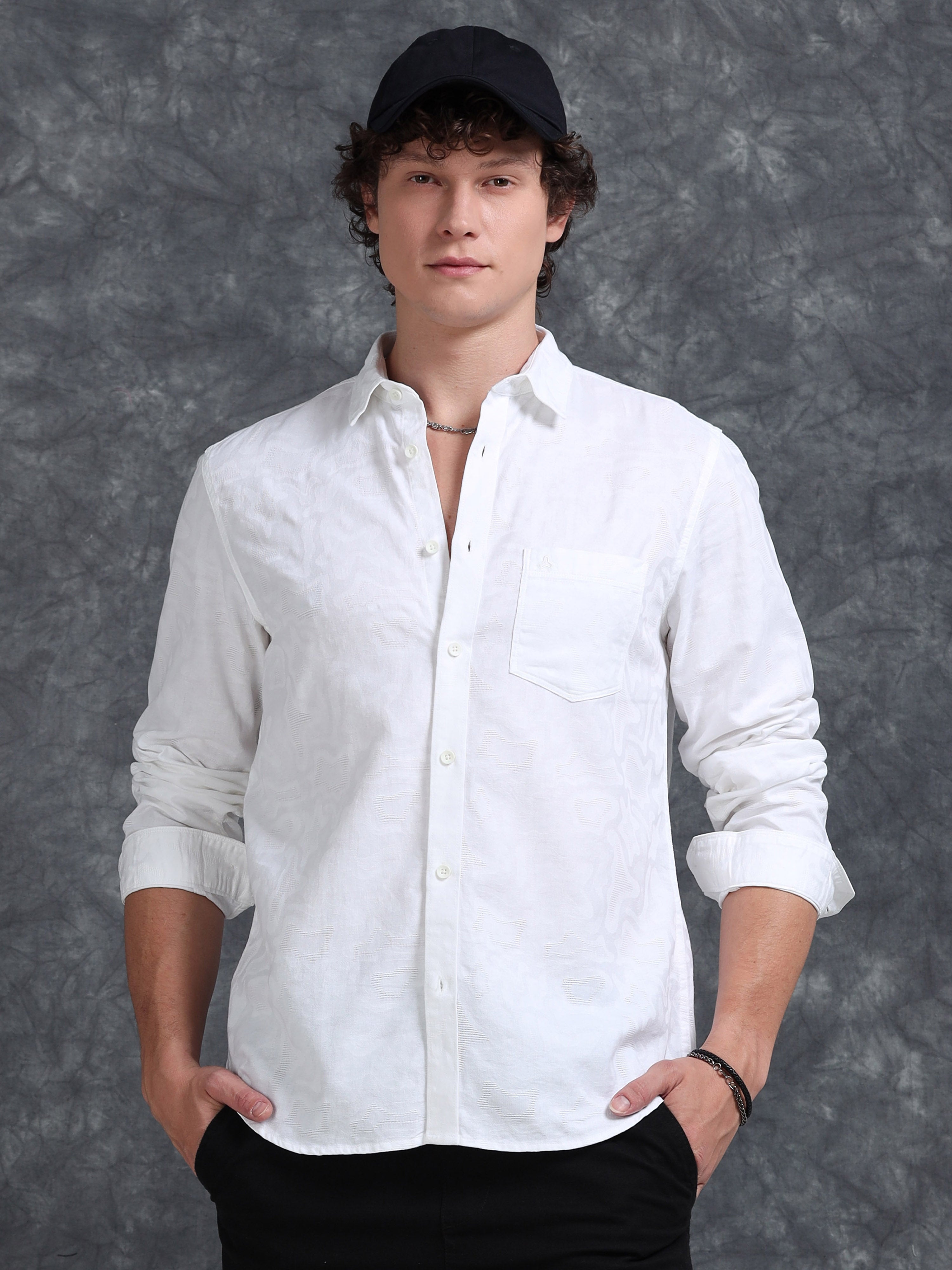MEN'S WHITE SELF DESIGN SLIM FIT SHIRT