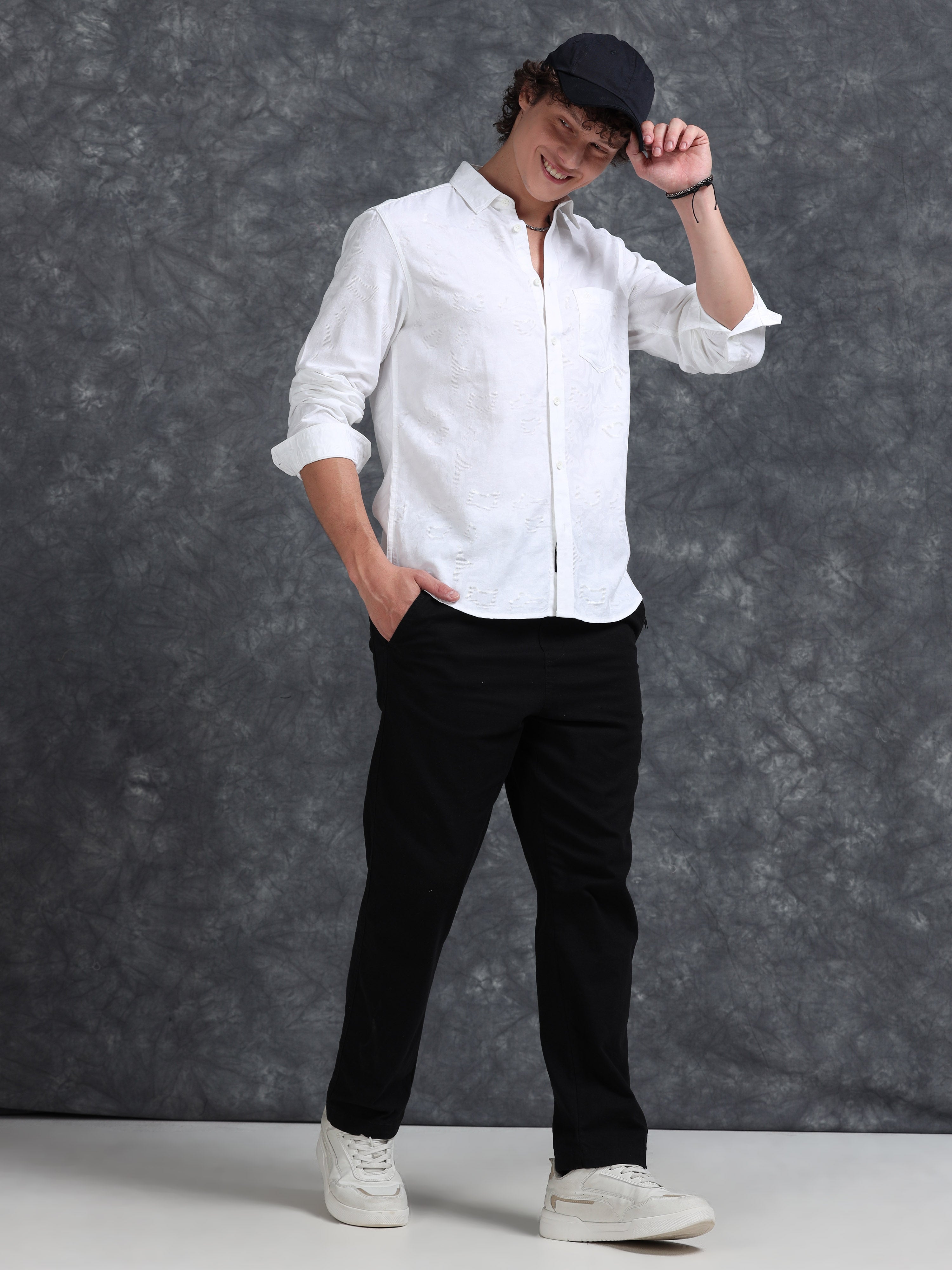 MEN'S WHITE SELF DESIGN SLIM FIT SHIRT