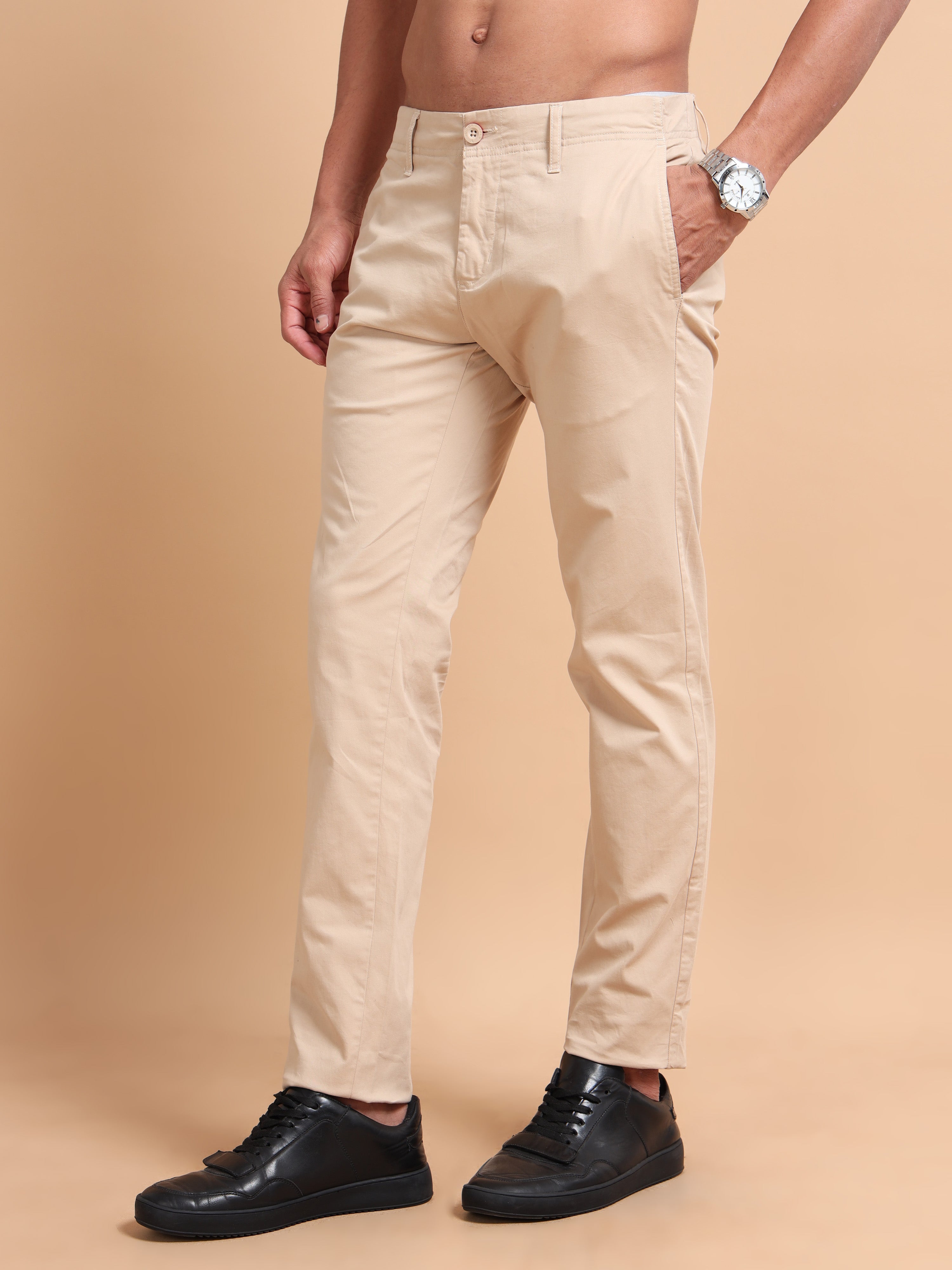 MEN'S KHAKI SOLID SLIM FIT TROUSER