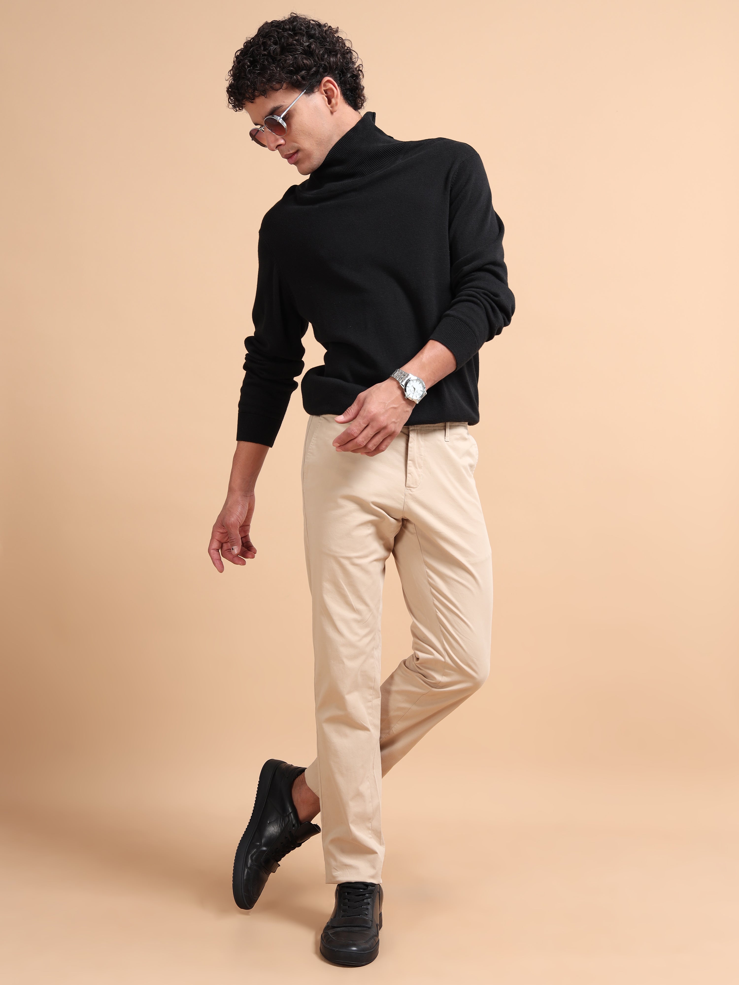 MEN'S KHAKI SOLID SLIM FIT TROUSER