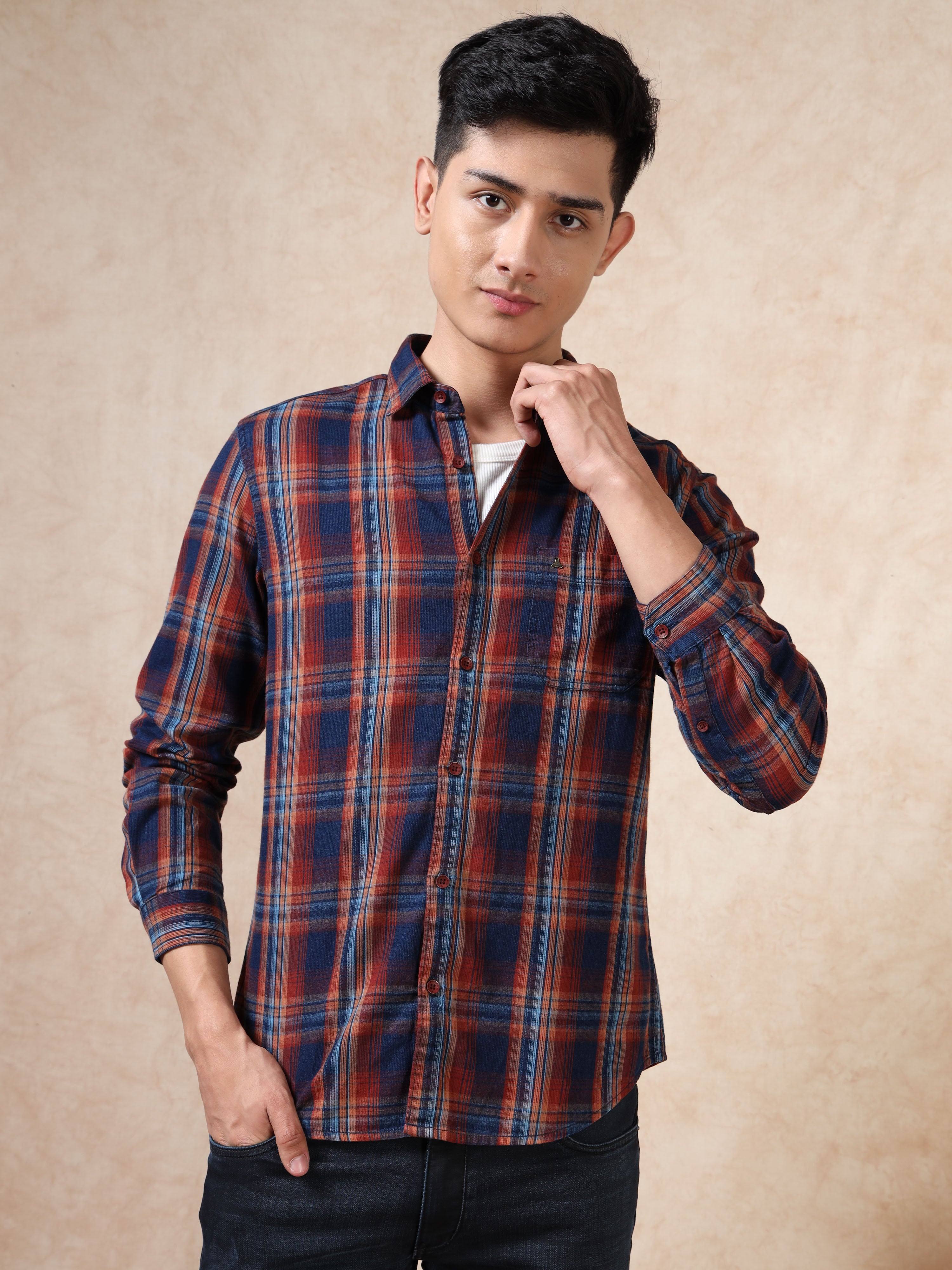 MEN'S DK.KHAKI CHECKS SLIM FIT SHIRT