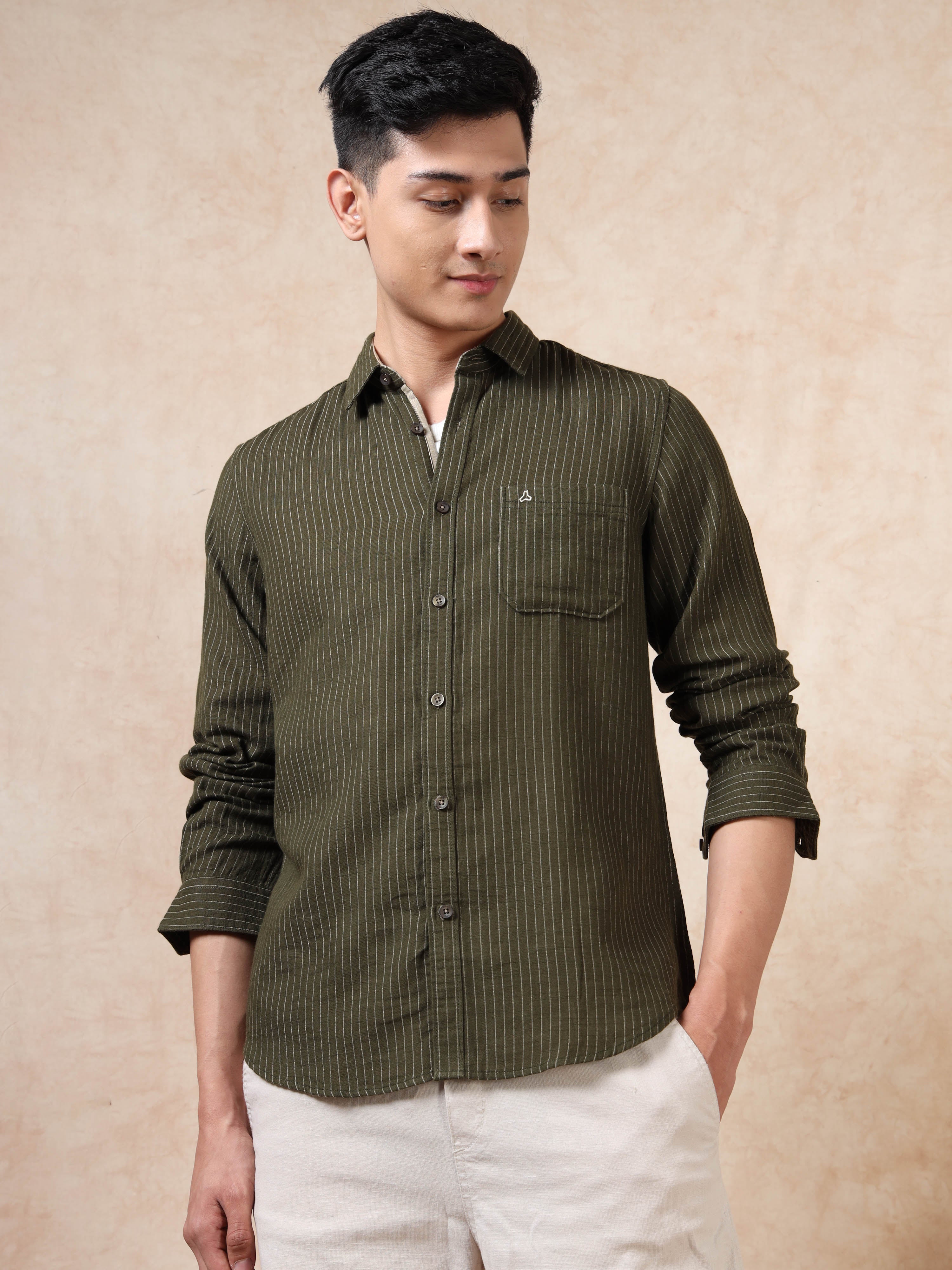MEN'S BT GREEN STRIPE SLIM FIT SHIRT