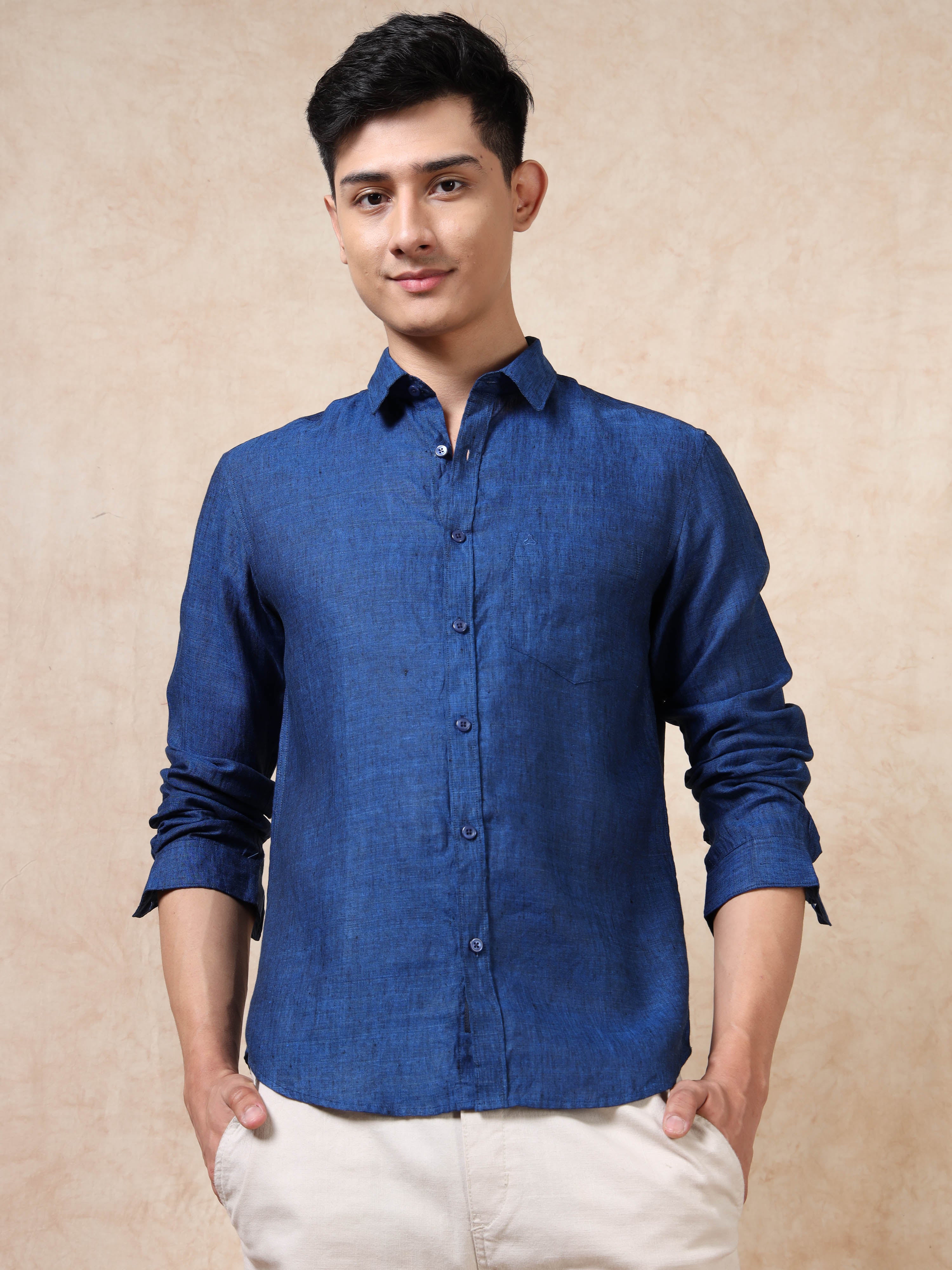 MEN'S DK.BLUE SOLID SLIM FIT LINEN SHIRT