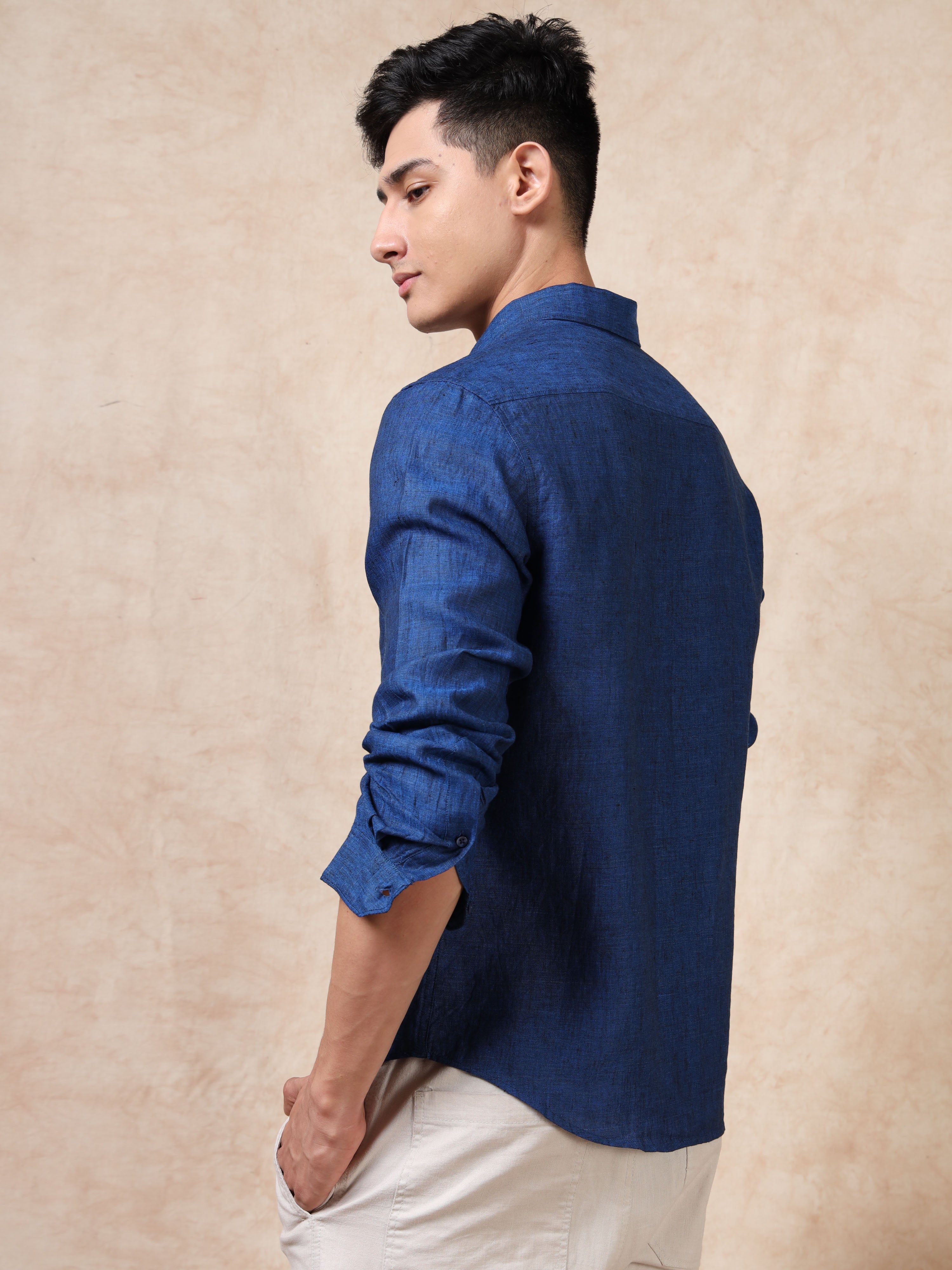 MEN'S DK.BLUE SOLID SLIM FIT LINEN SHIRT