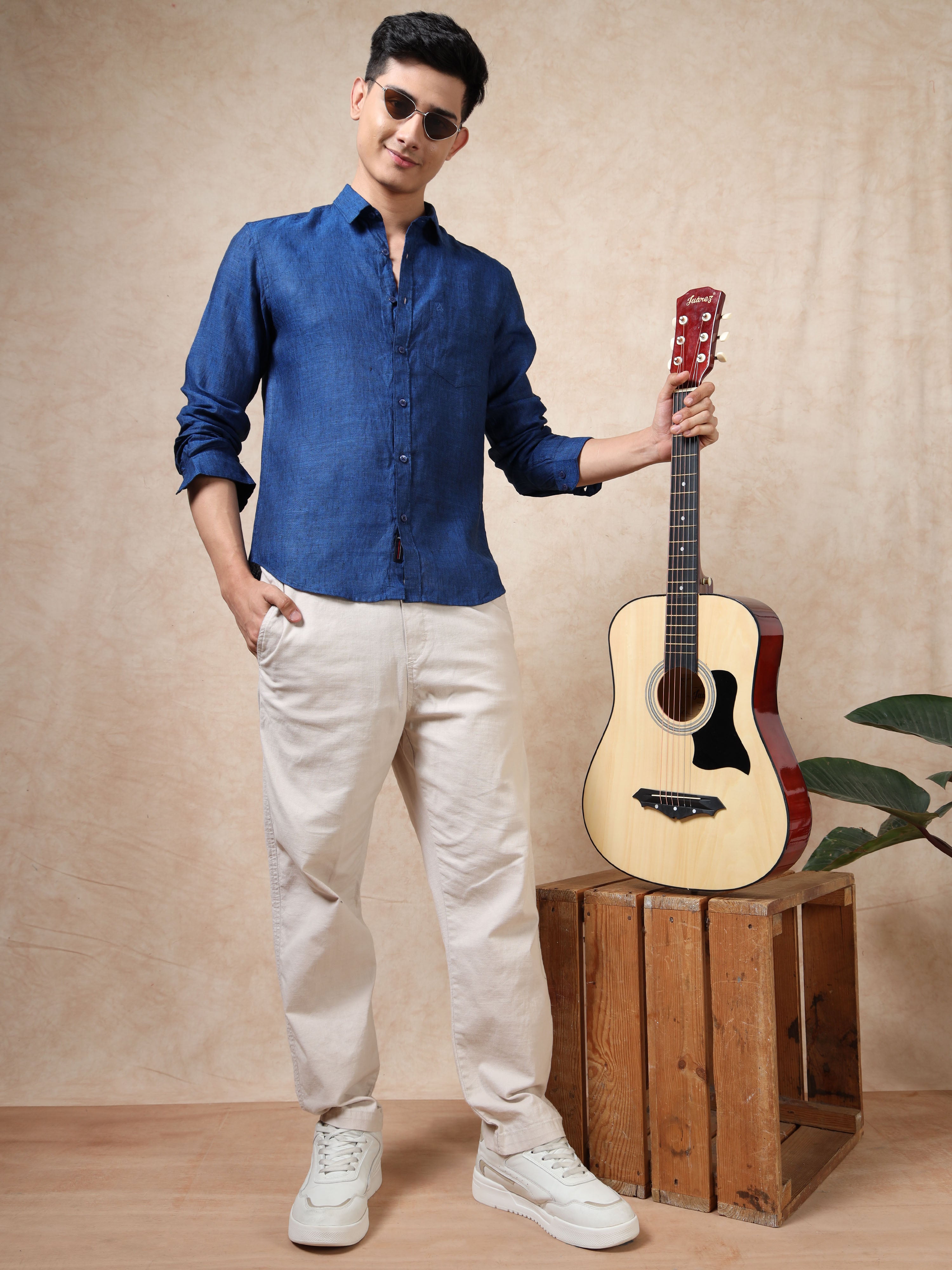 MEN'S DK.BLUE SOLID SLIM FIT LINEN SHIRT