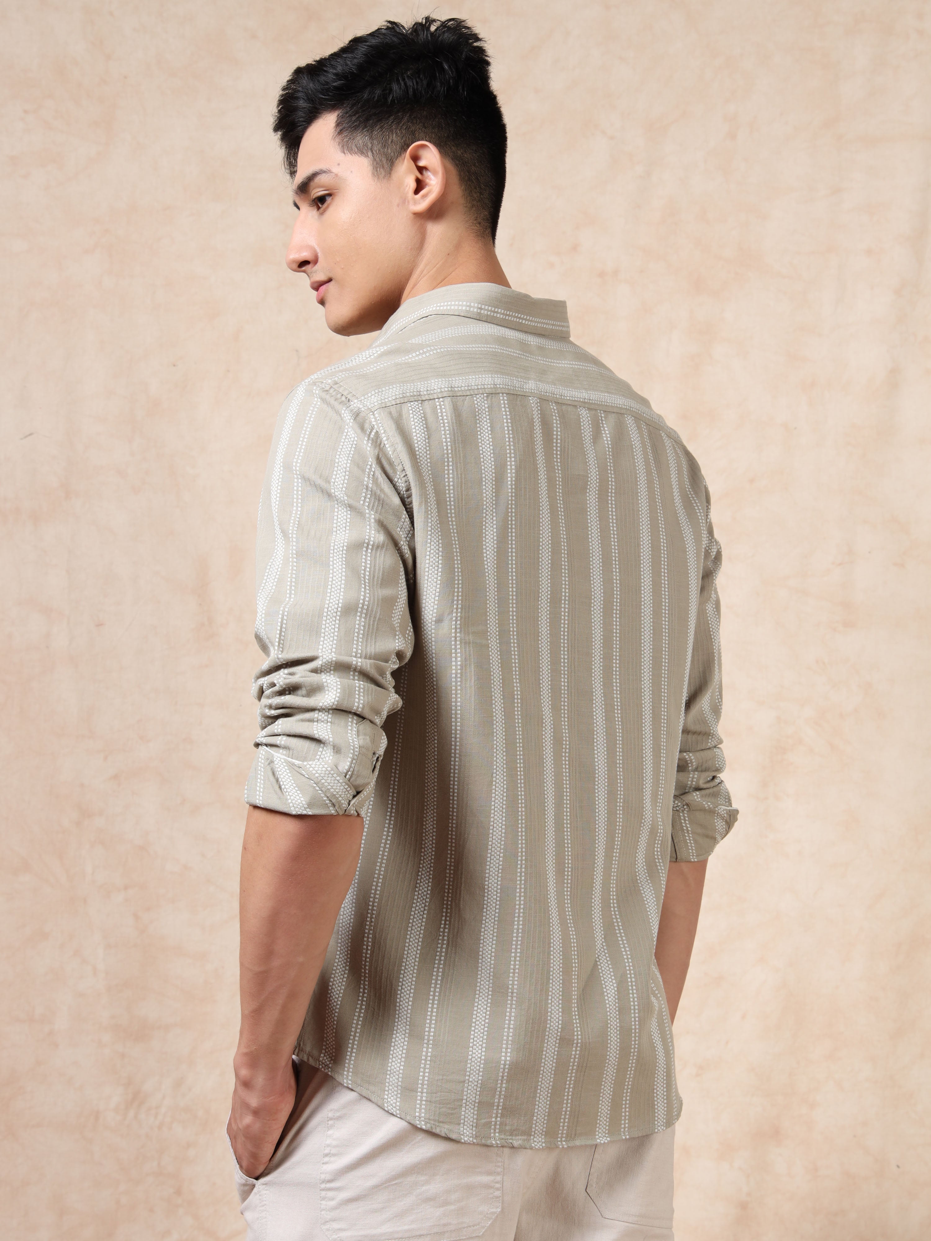 MEN'S BEIGE STRIPE SLIM FIT SHIRT
