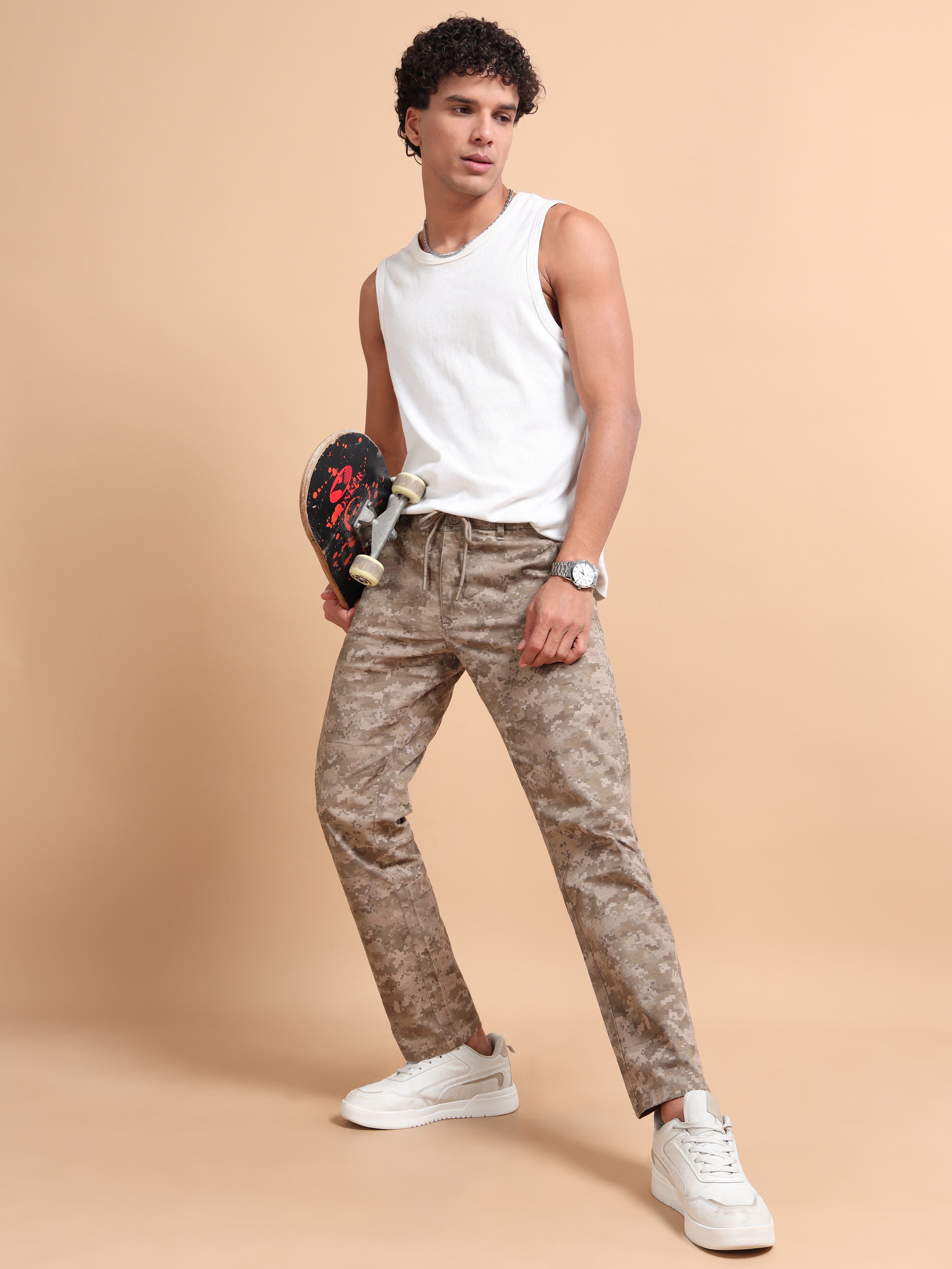 MEN'S KHAKI PRINT REGULAR FIT TROUSER