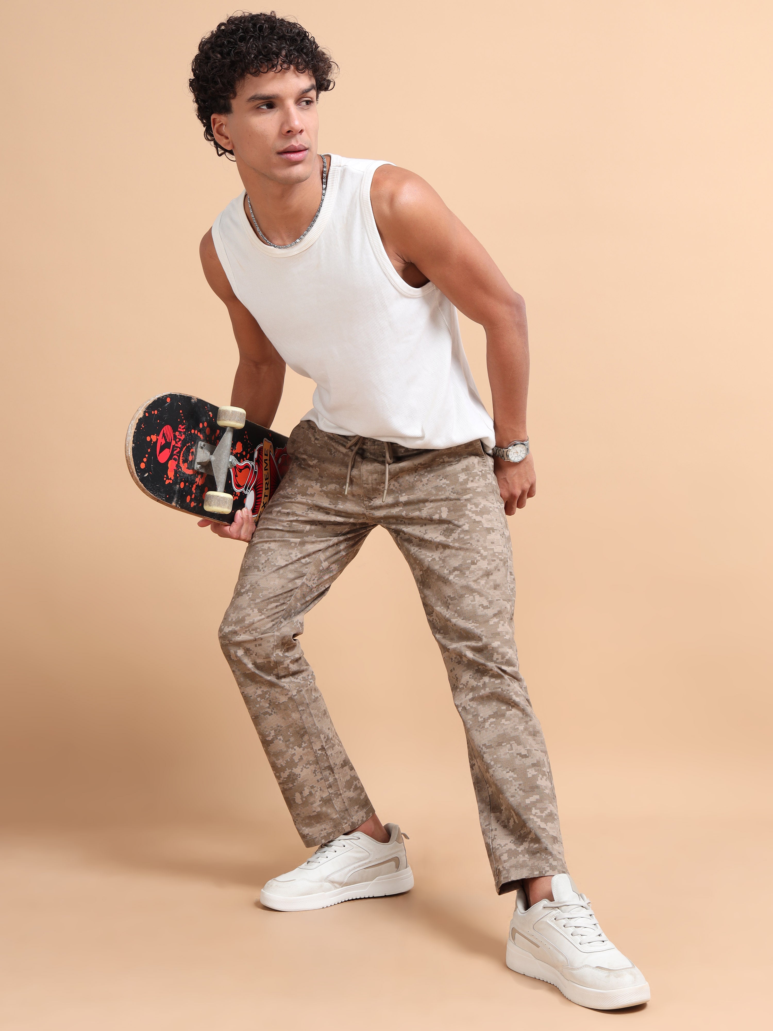 MEN'S KHAKI PRINT REGULAR FIT TROUSER