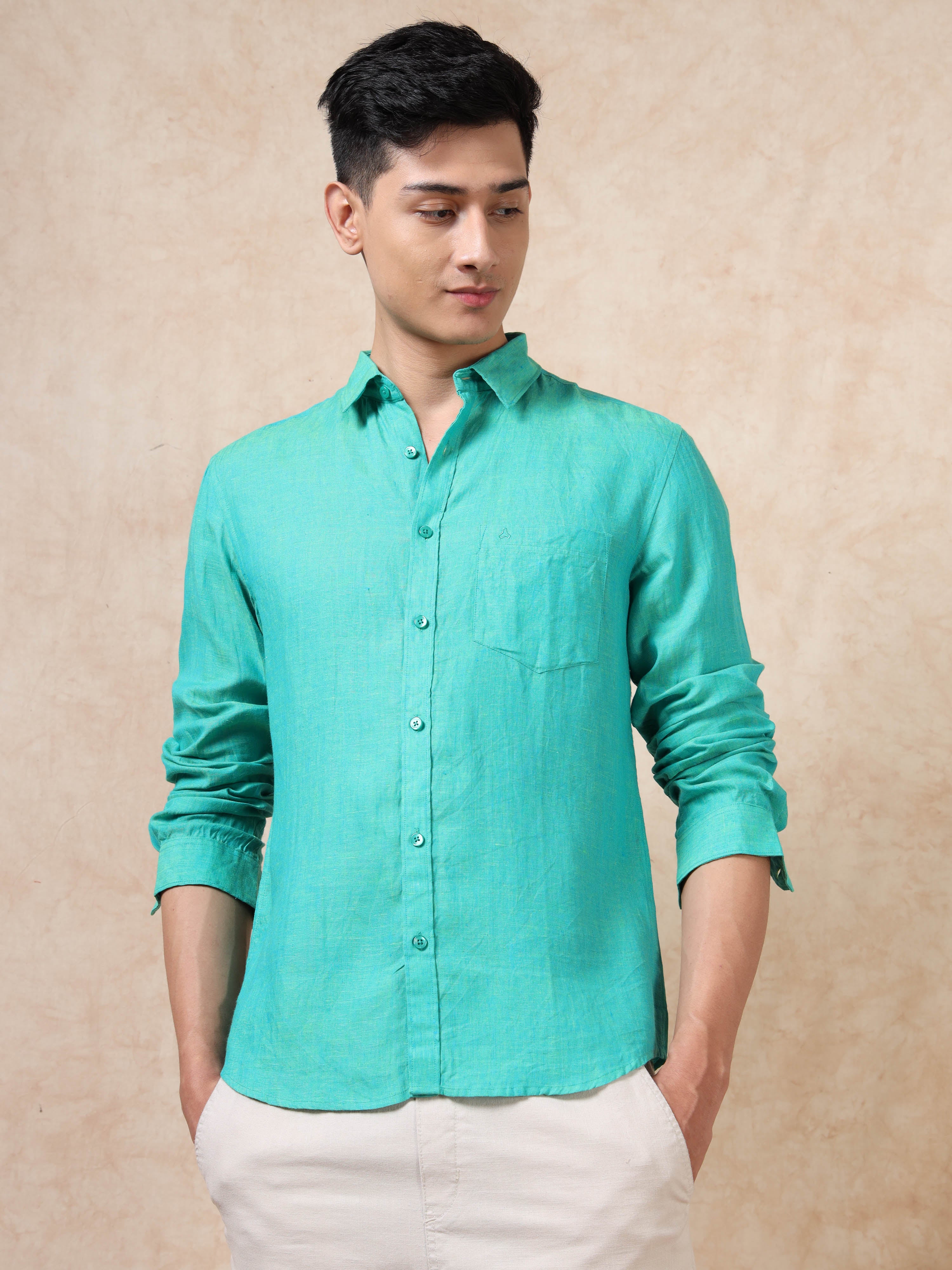 MEN'S GREEN SOLID SLIM FIT LINEN SHIRT