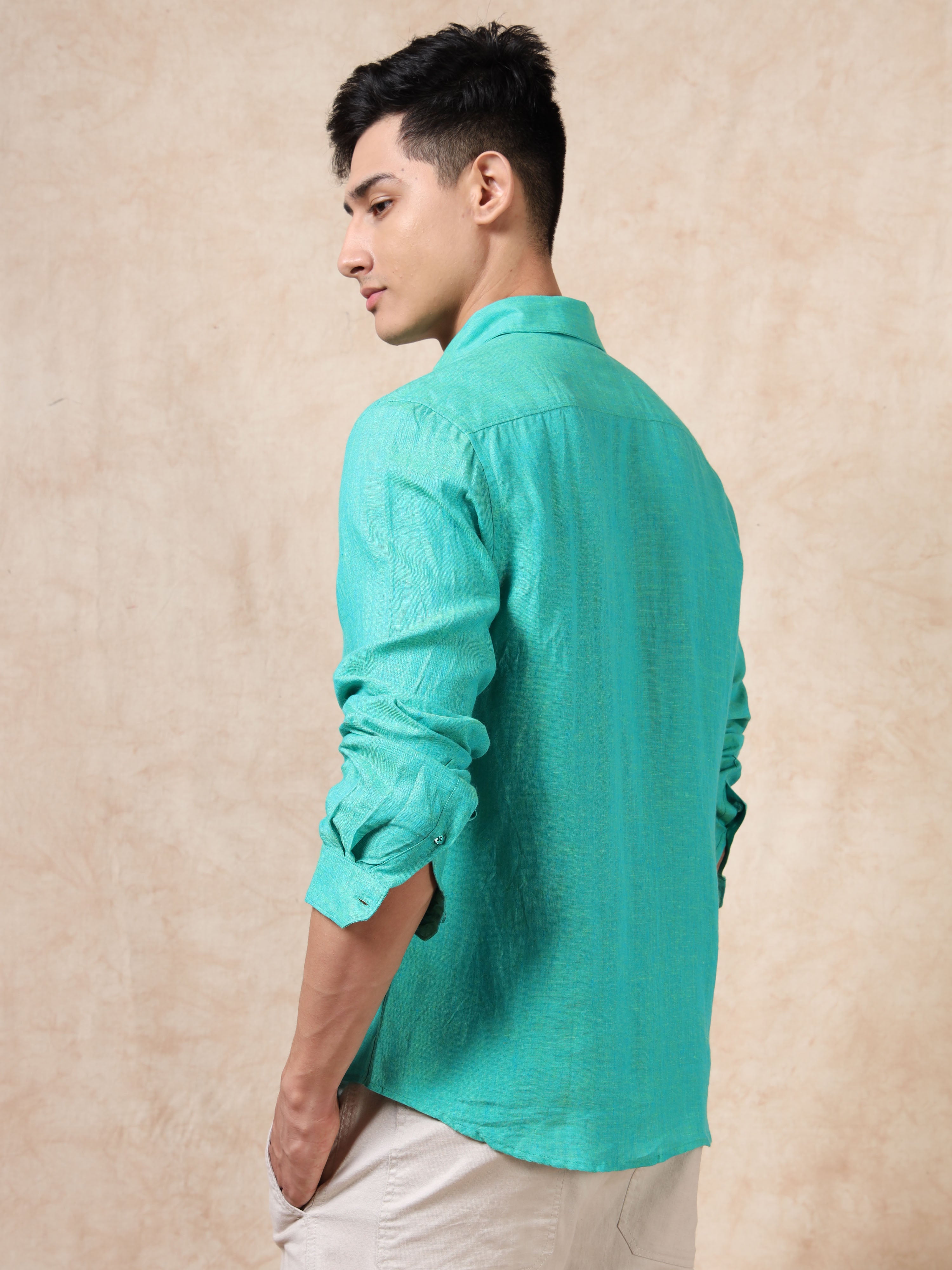 MEN'S GREEN SOLID SLIM FIT LINEN SHIRT