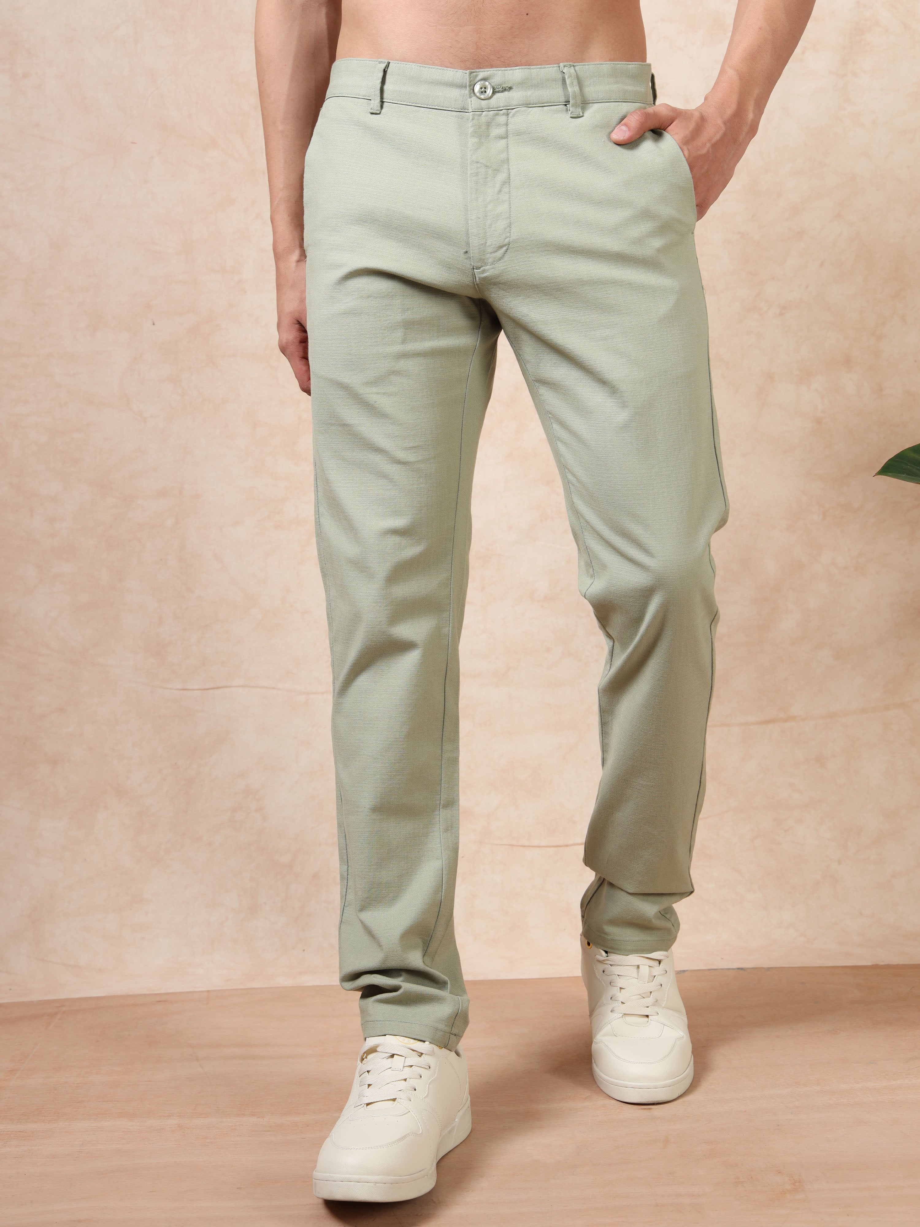 MEN'S PISTA GREEN SOLID SLIM FIT TROUSER