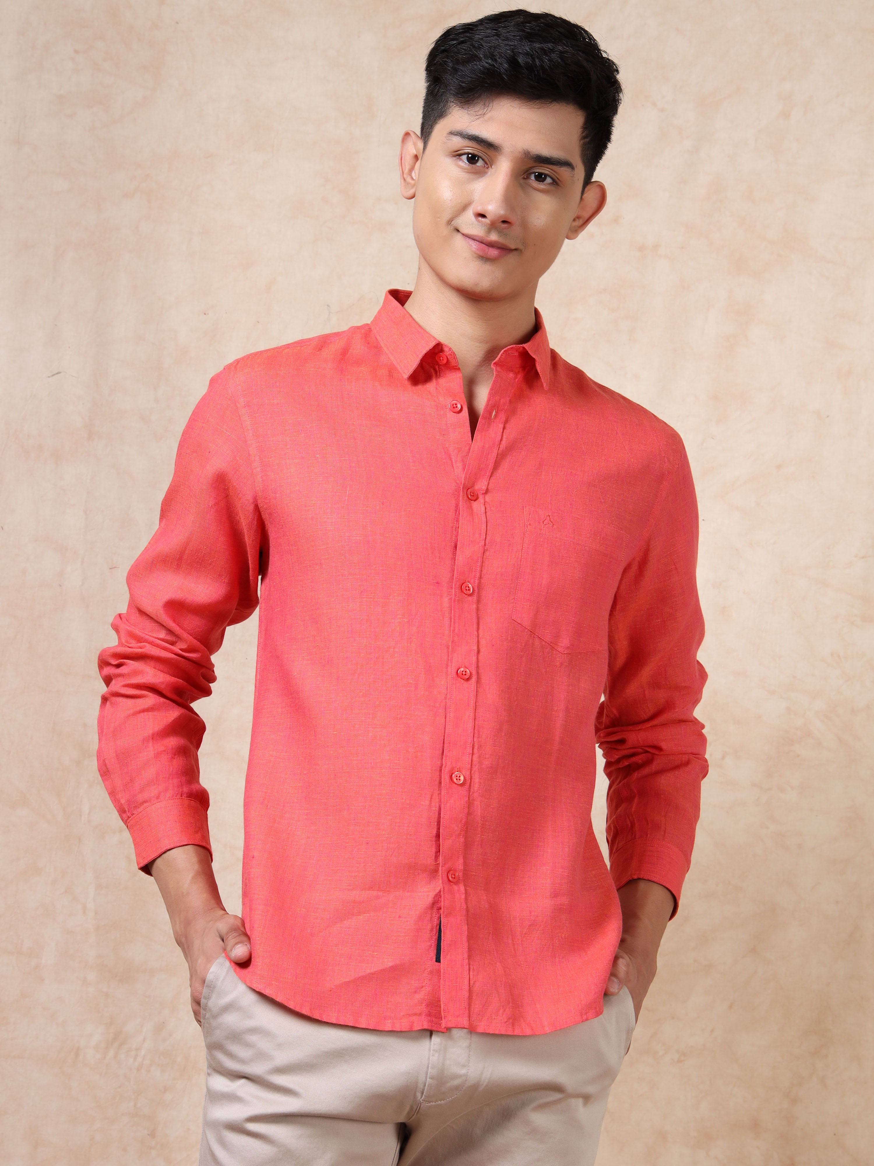 MEN'S RED SOLID SLIM FIT LINEN SHIRT
