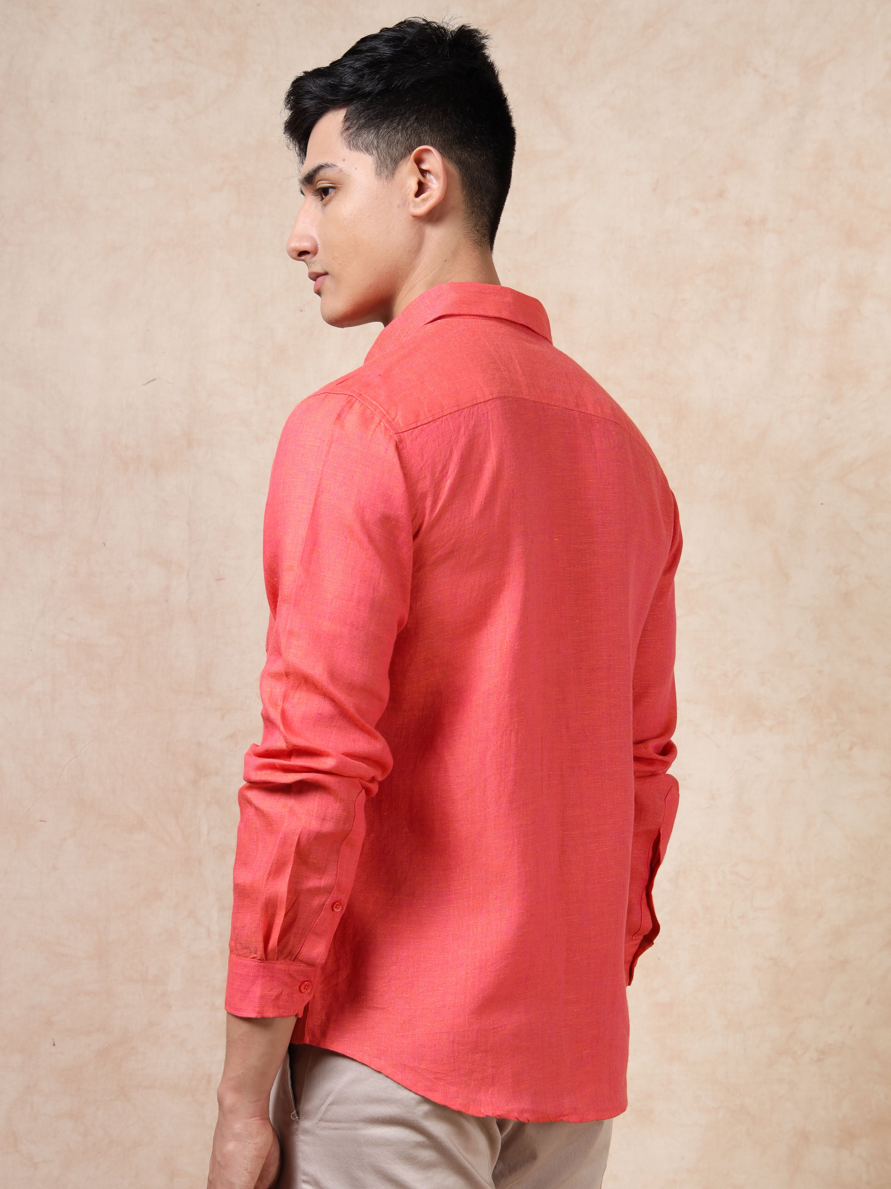 MEN'S RED SOLID SLIM FIT LINEN SHIRT