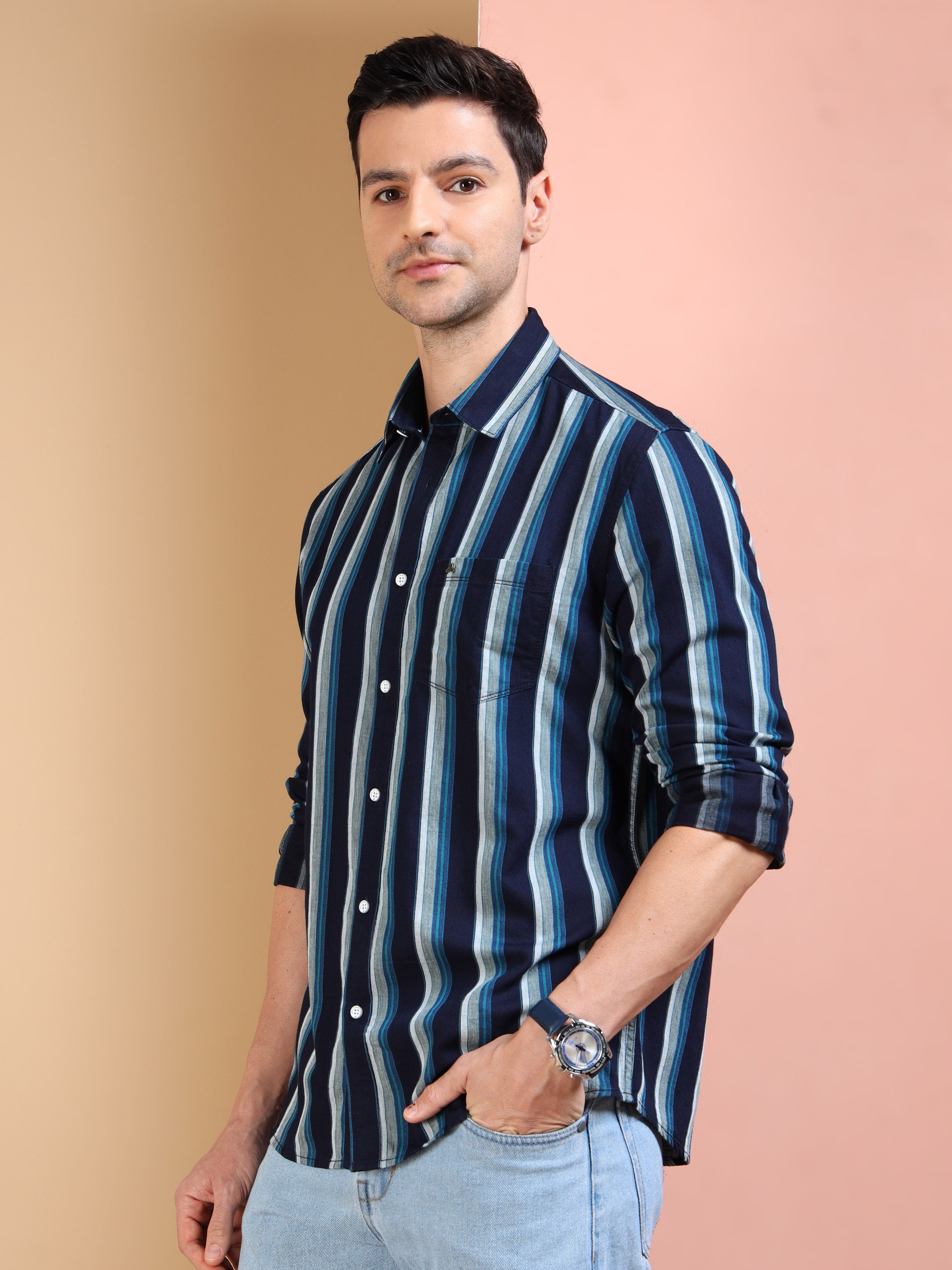 MEN'S INDIGO STRIPES SLIM FIT SHIRT