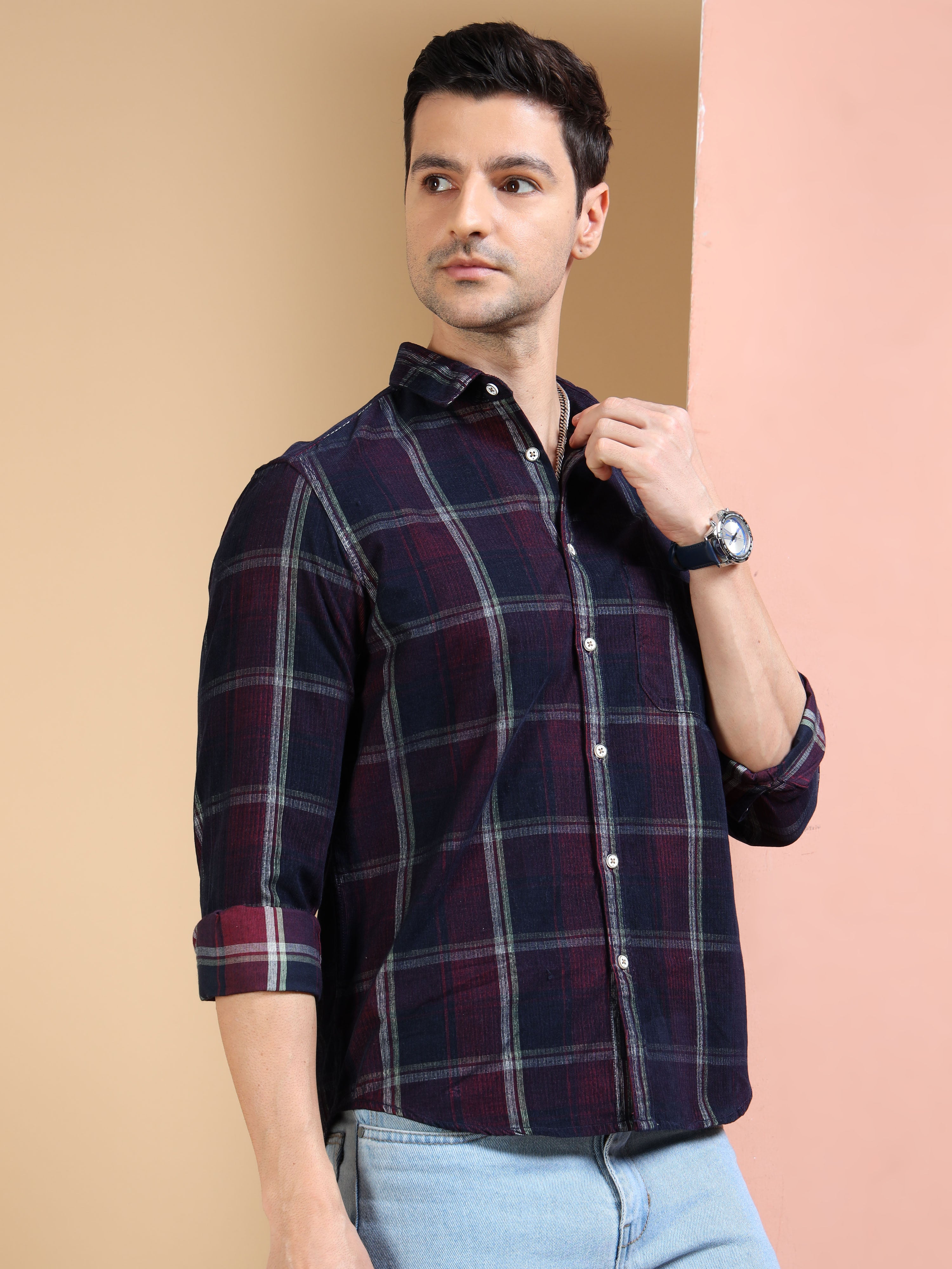MEN'S MAROON CHECKS SLIM FIT SHIRT