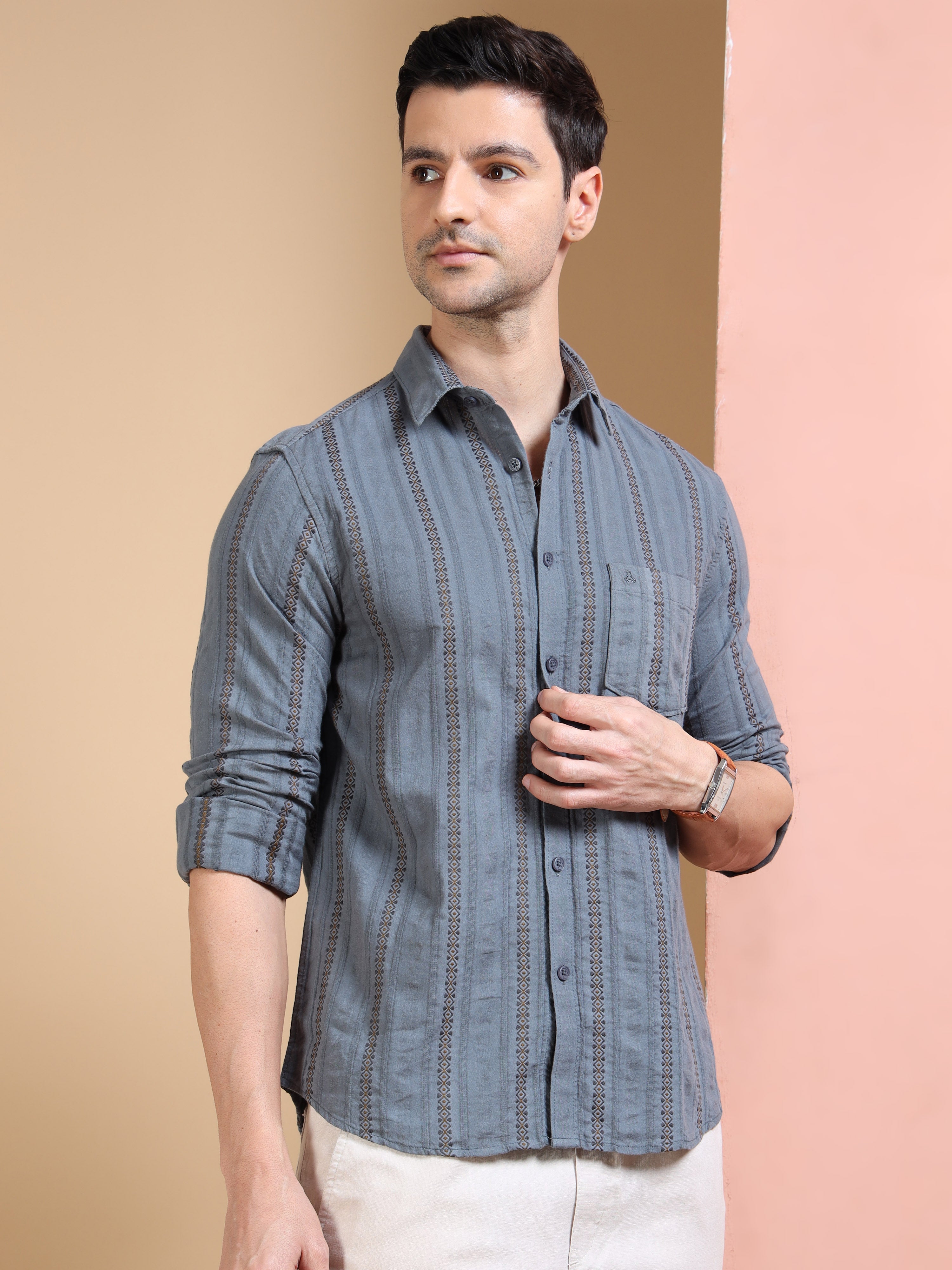 MEN'S MID GREY STRIPE SLIM FIT SHIRT