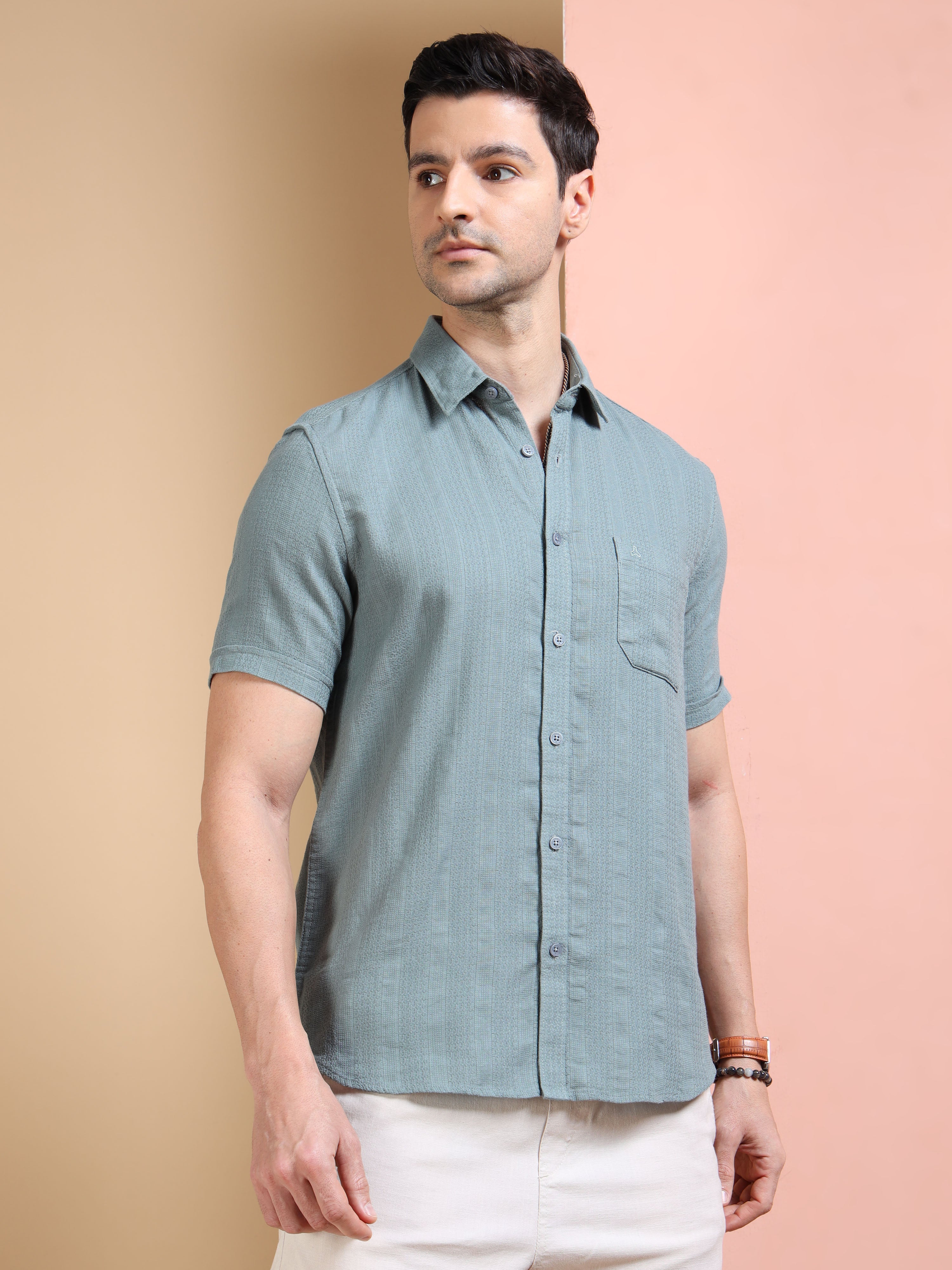 MEN'S LT.GREEN STRIPE SLIM FIT SHIRT