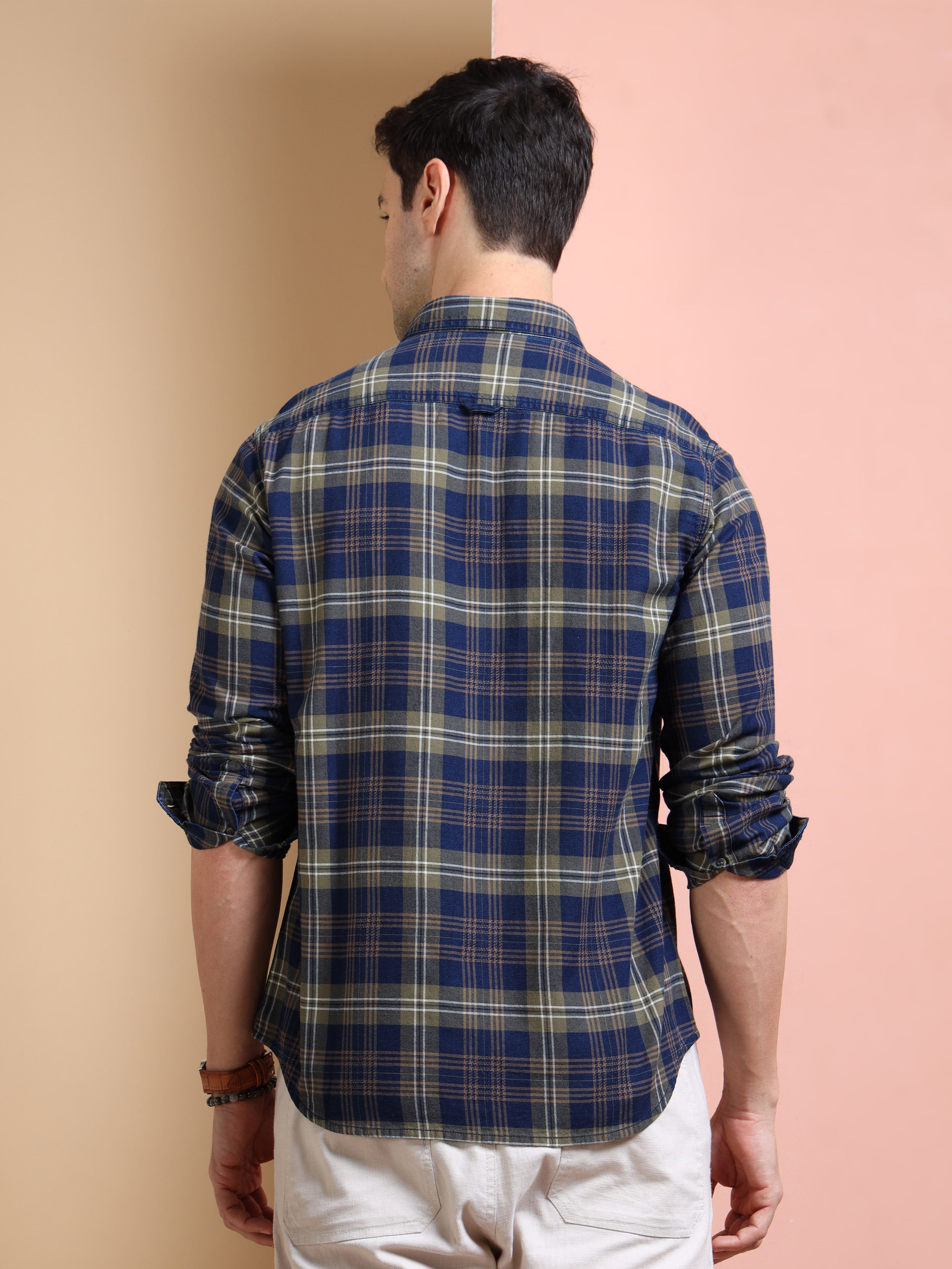 MEN'S GREEN INDIGO CHECKS SLIM FIT SHIRT