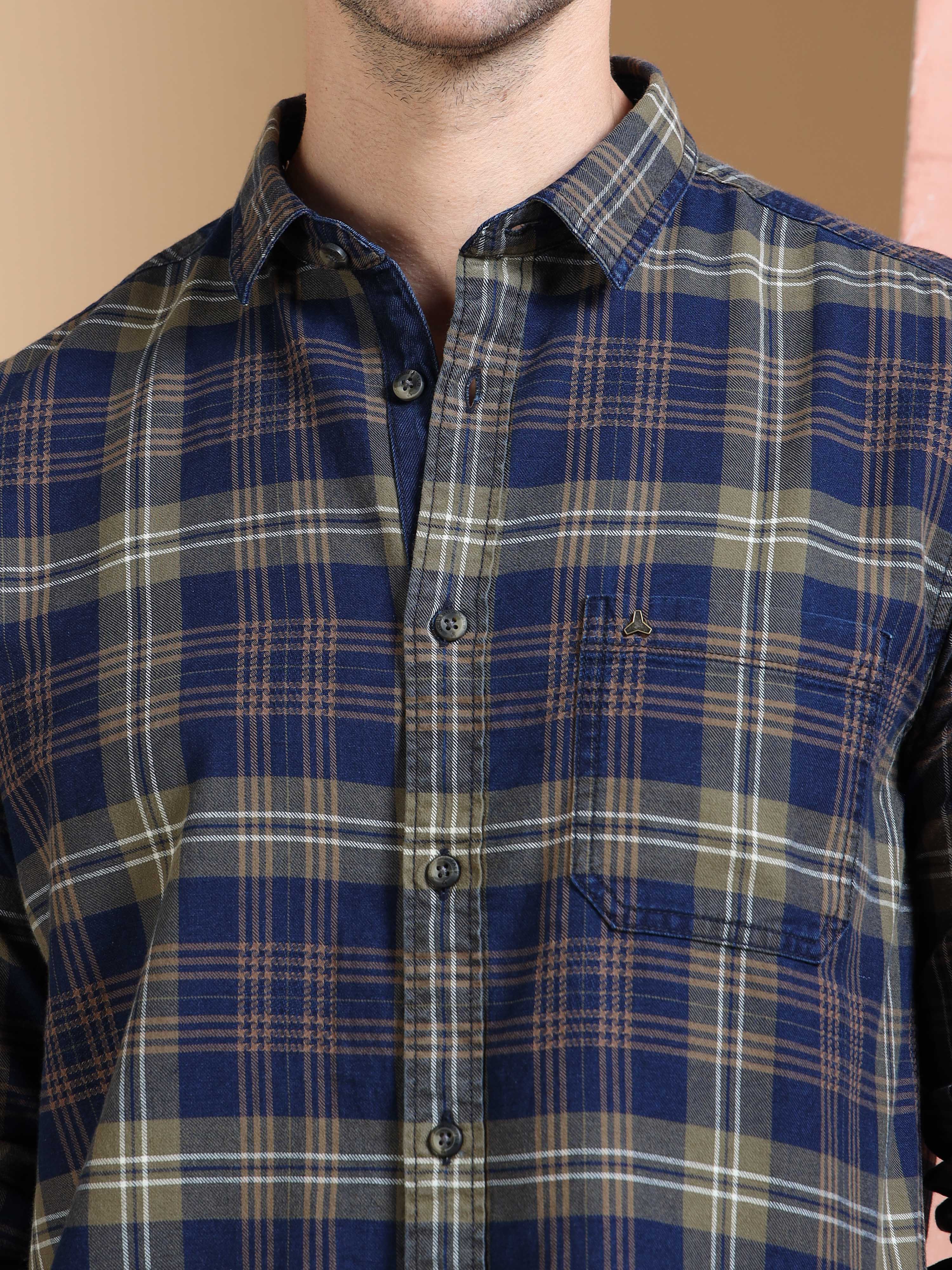 MEN'S GREEN INDIGO CHECKS SLIM FIT SHIRT