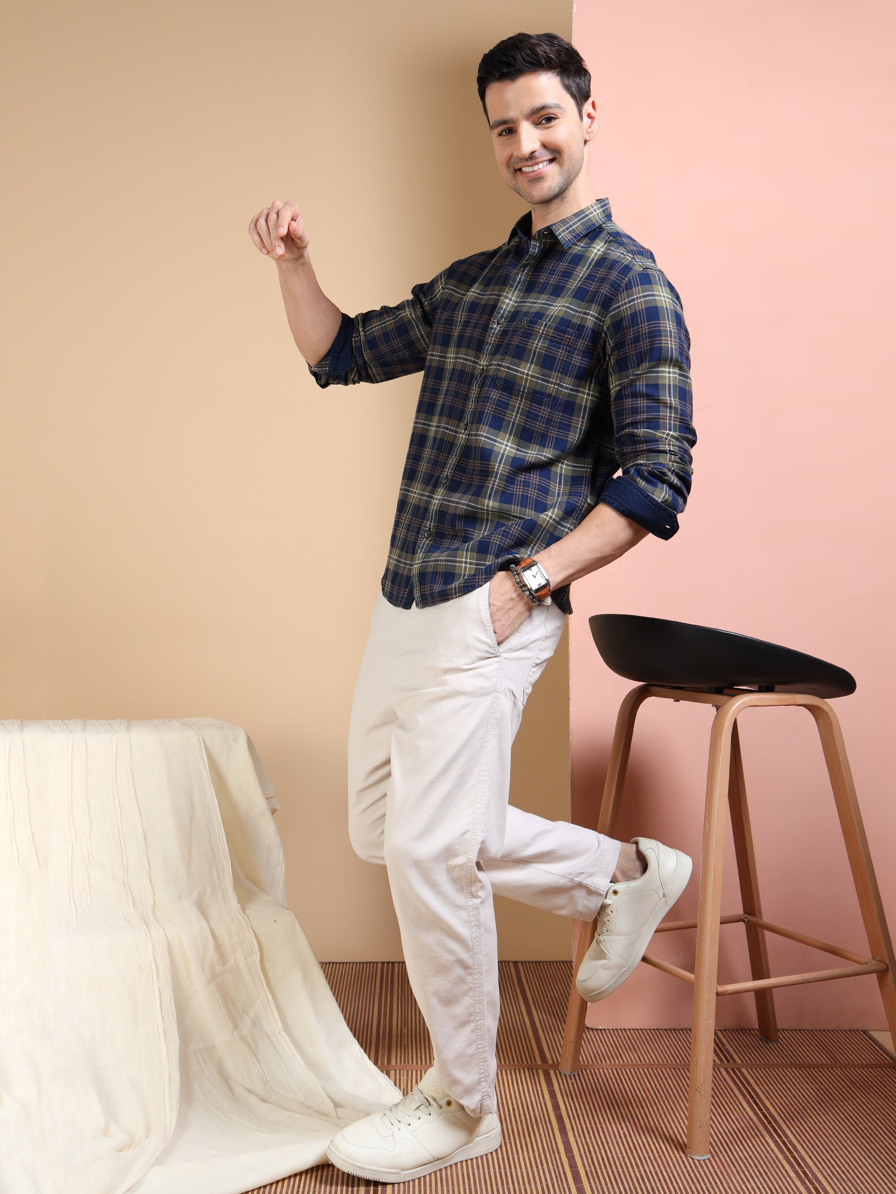 MEN'S GREEN INDIGO CHECKS SLIM FIT SHIRT