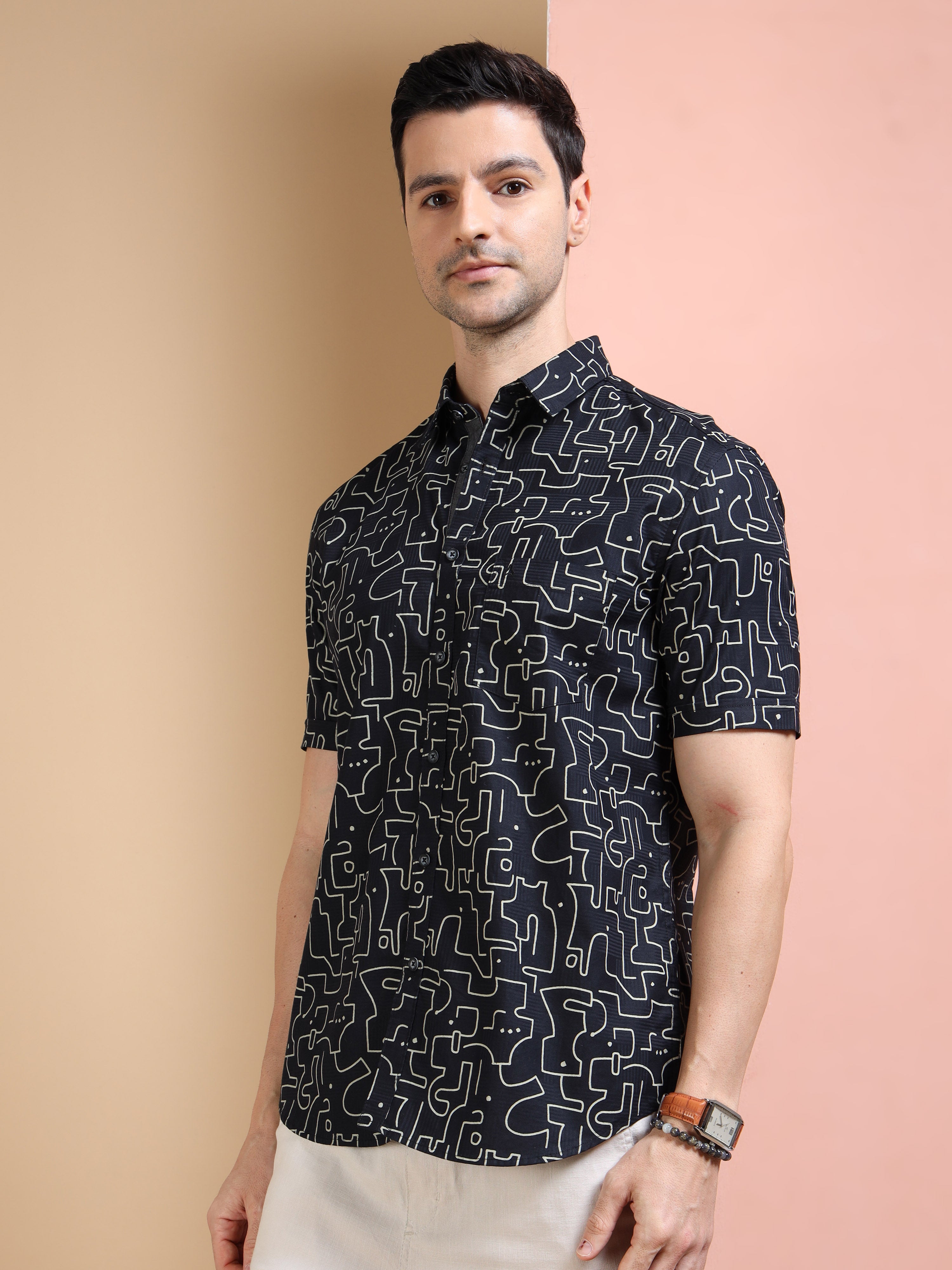 MEN'S BLACK PRINT SLIM FIT SHIRT