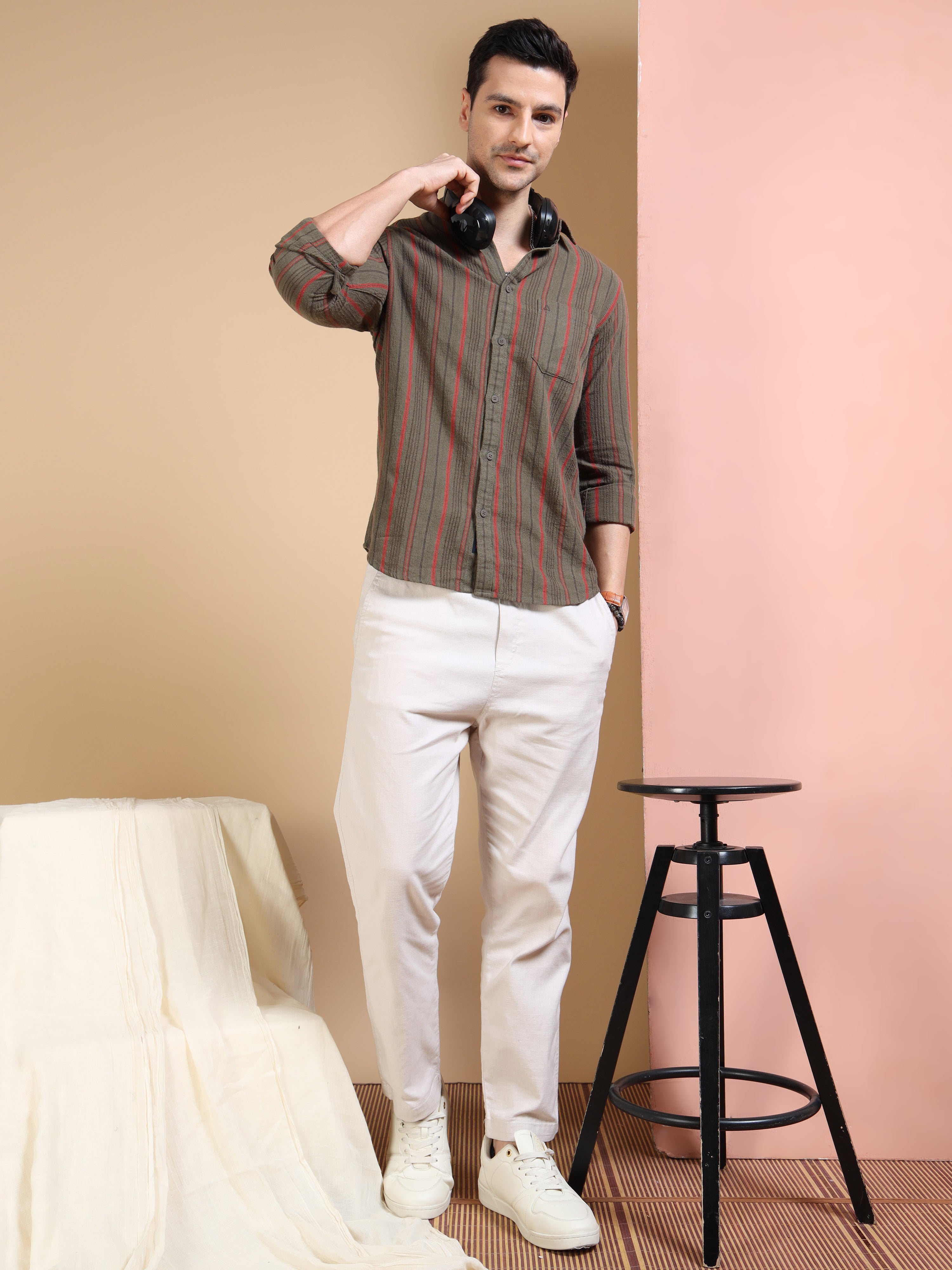 MEN'S DK.GREEN STRIPE SLIM FIT SHIRT