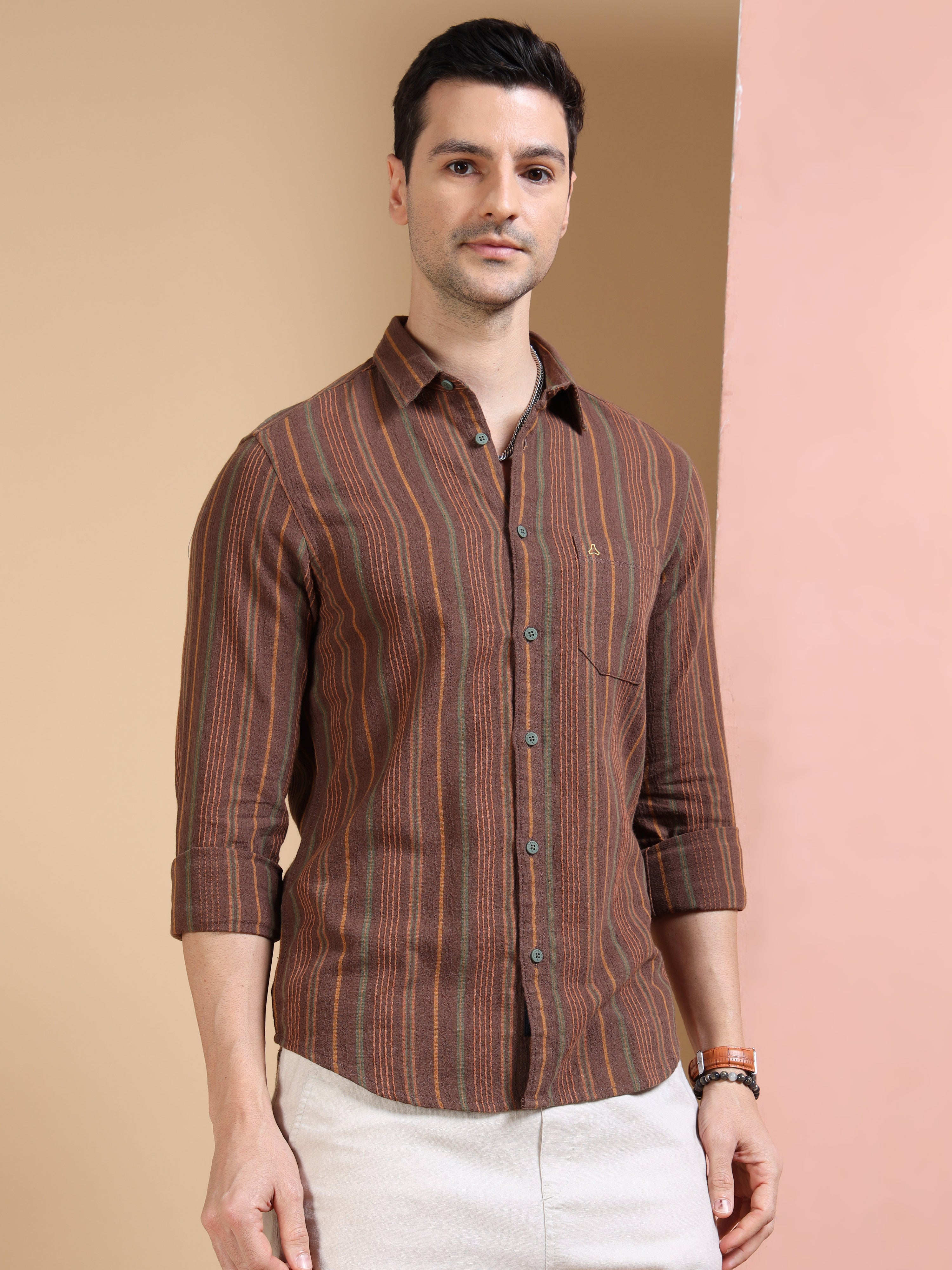 MEN'S BROWN STRIPE SLIM FIT SHIRT