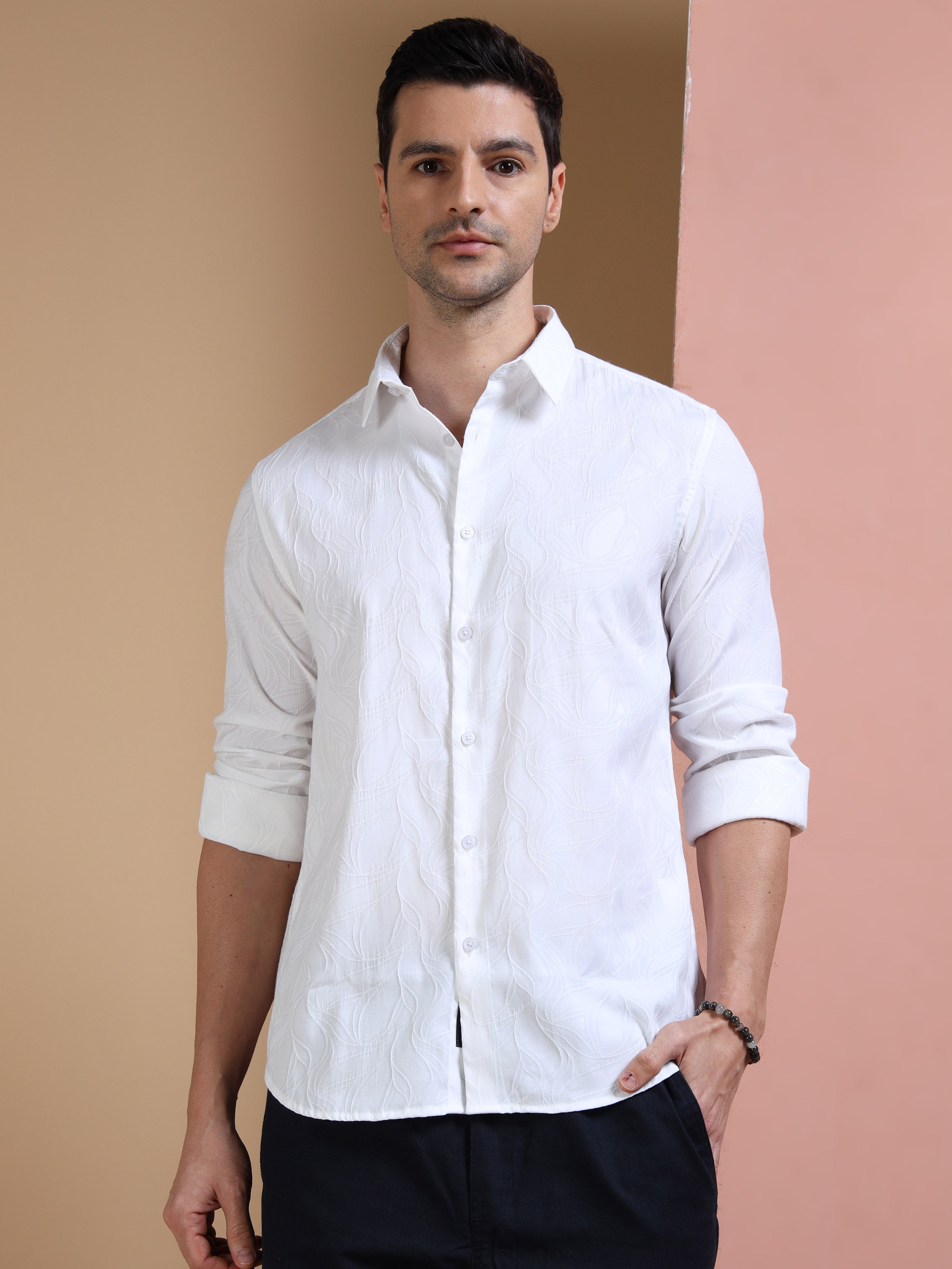 MEN'S WHITE SELF DESIGN SLIM FIT SHIRT
