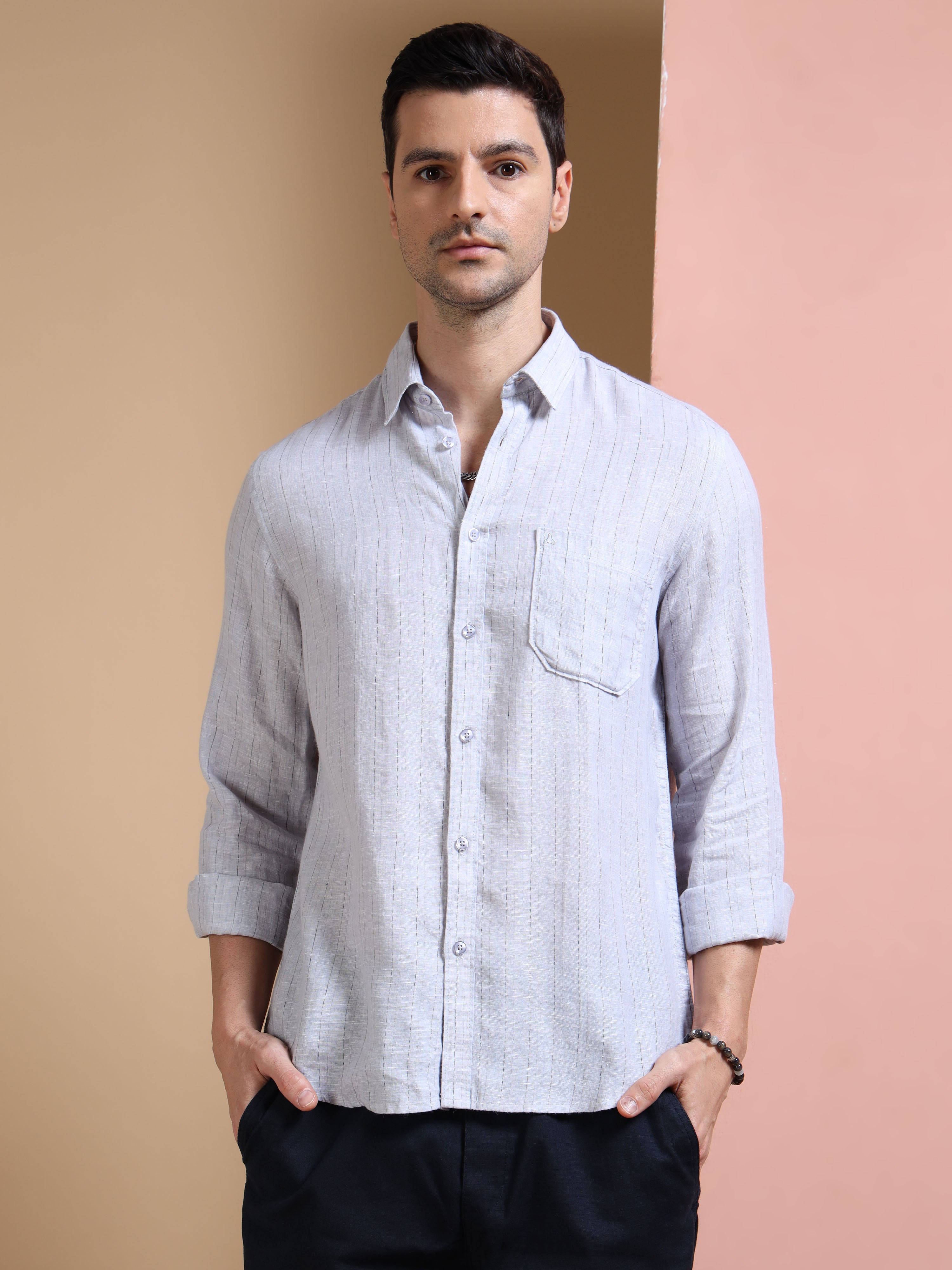 MEN'S GREY STRIPES SLIM FIT LINEN SHIRT