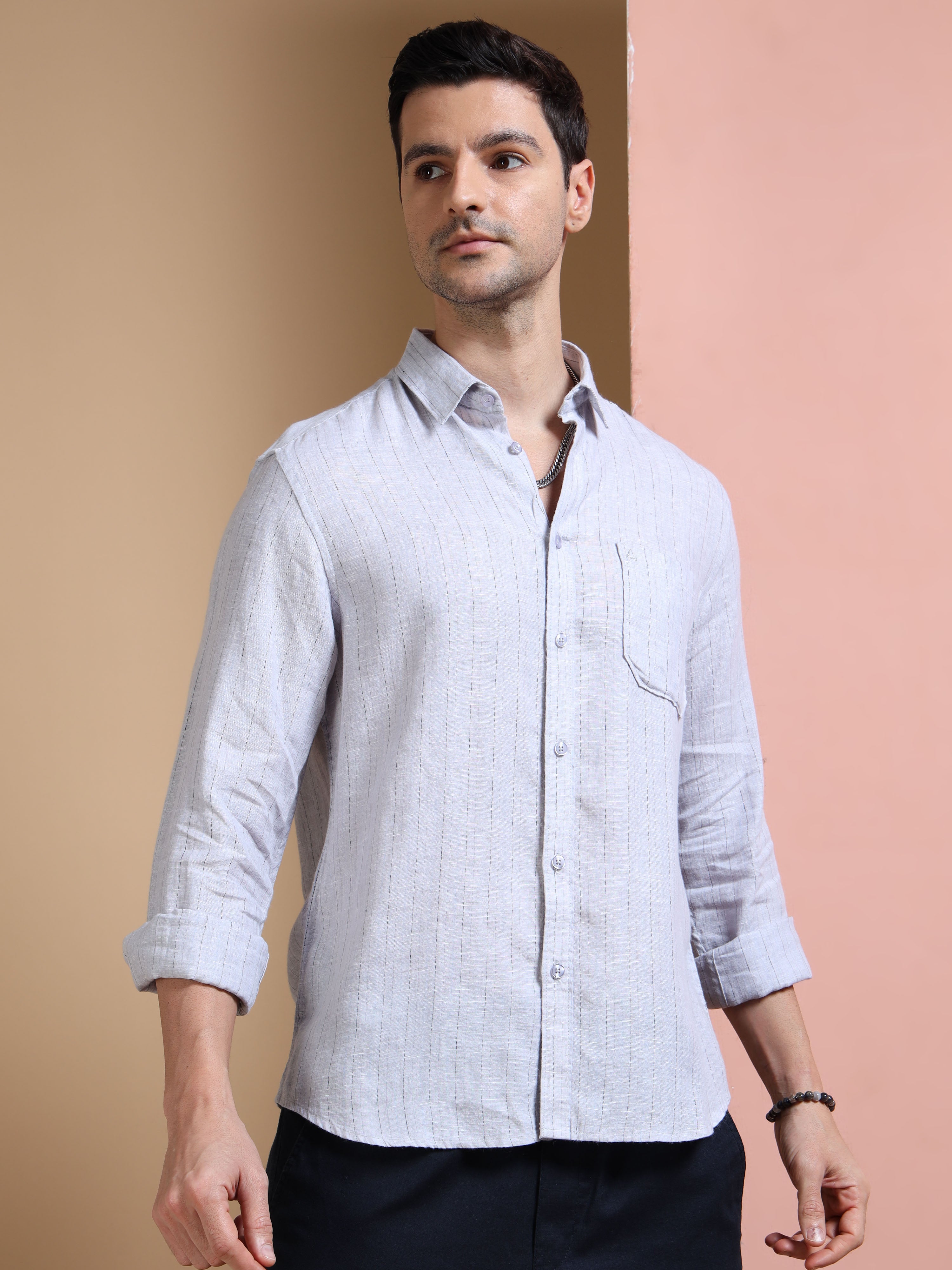 MEN'S GREY STRIPES SLIM FIT LINEN SHIRT