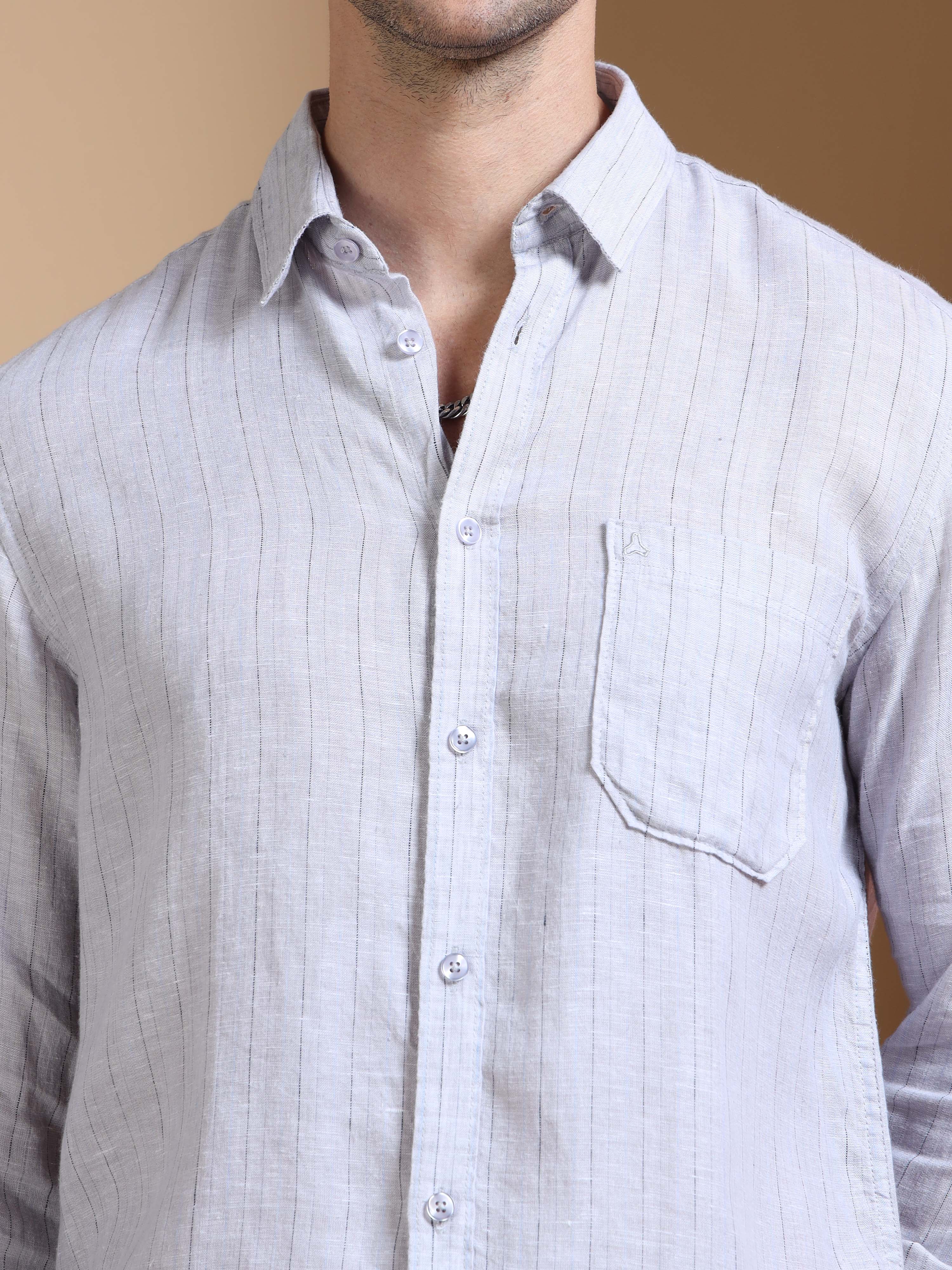 MEN'S GREY STRIPES SLIM FIT LINEN SHIRT