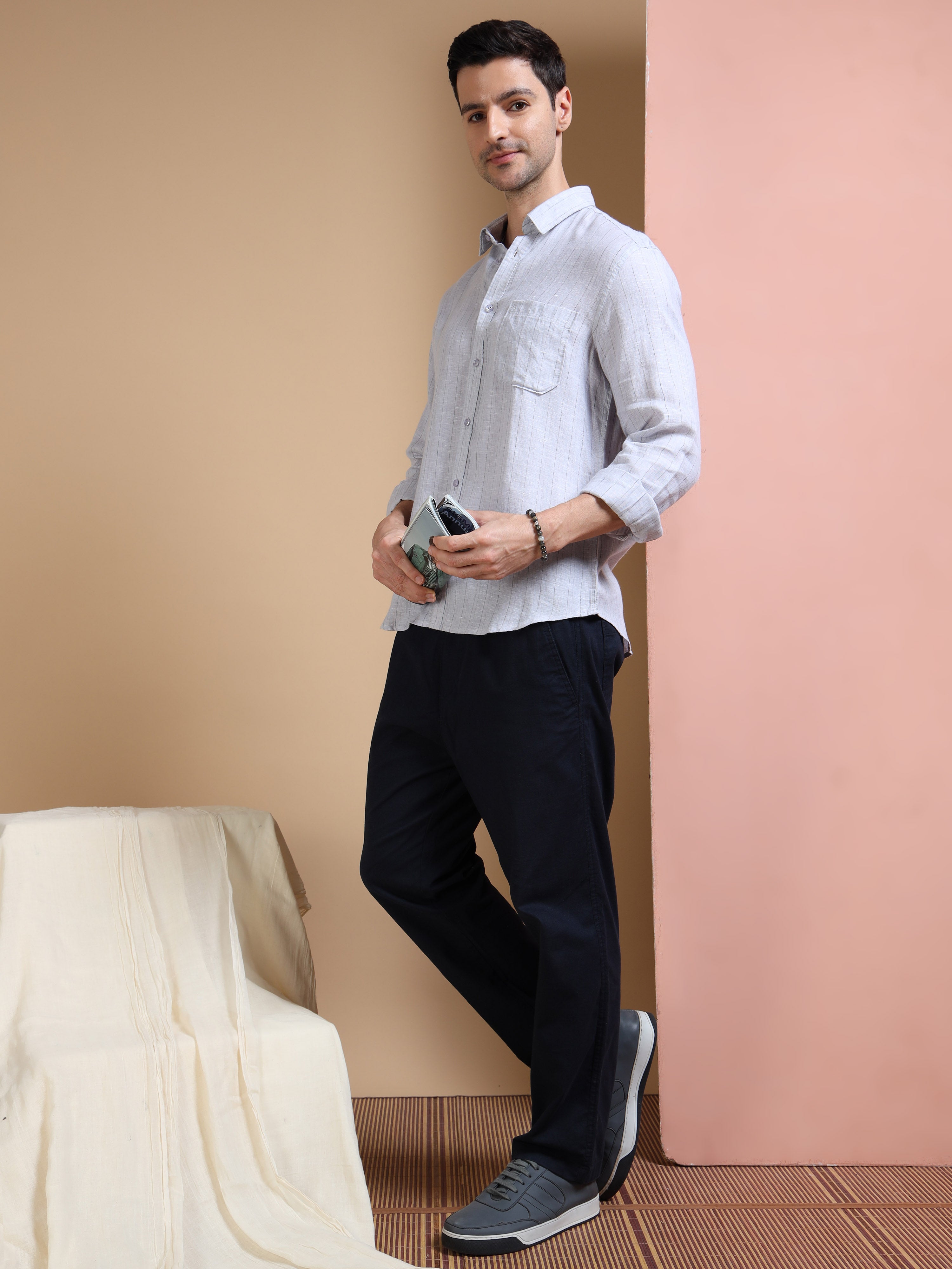 MEN'S GREY STRIPES SLIM FIT LINEN SHIRT
