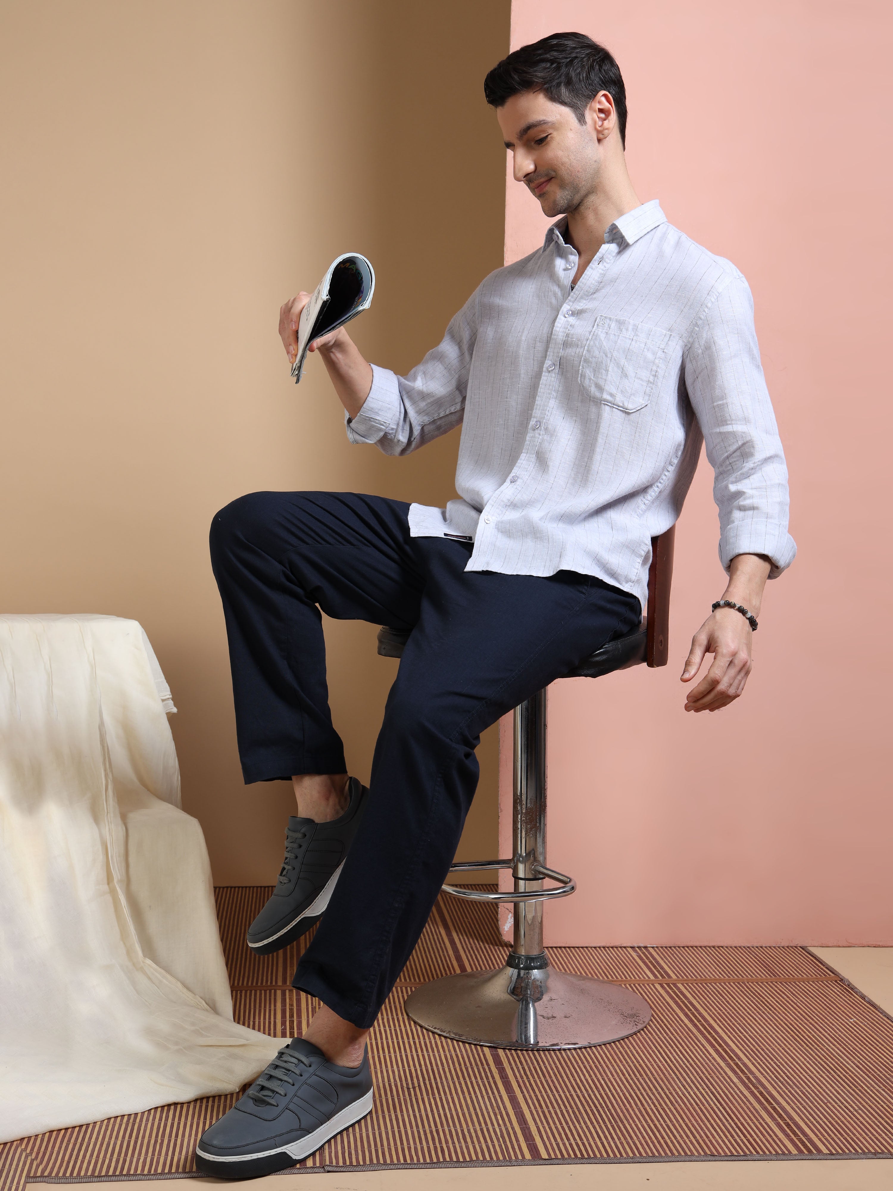 MEN'S GREY STRIPES SLIM FIT LINEN SHIRT