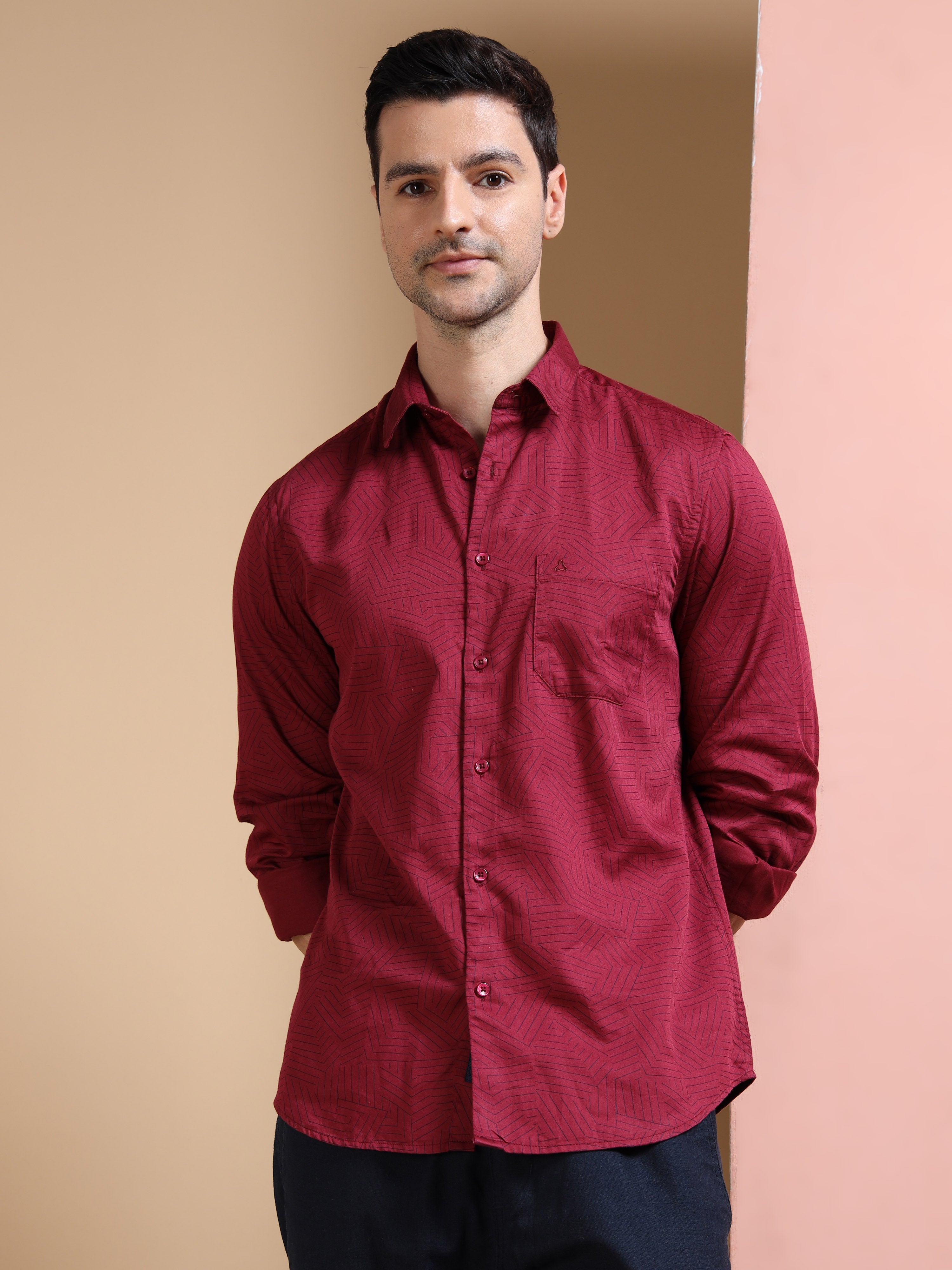 MEN'S MEROON PRINT SLIM FIT SHIRT