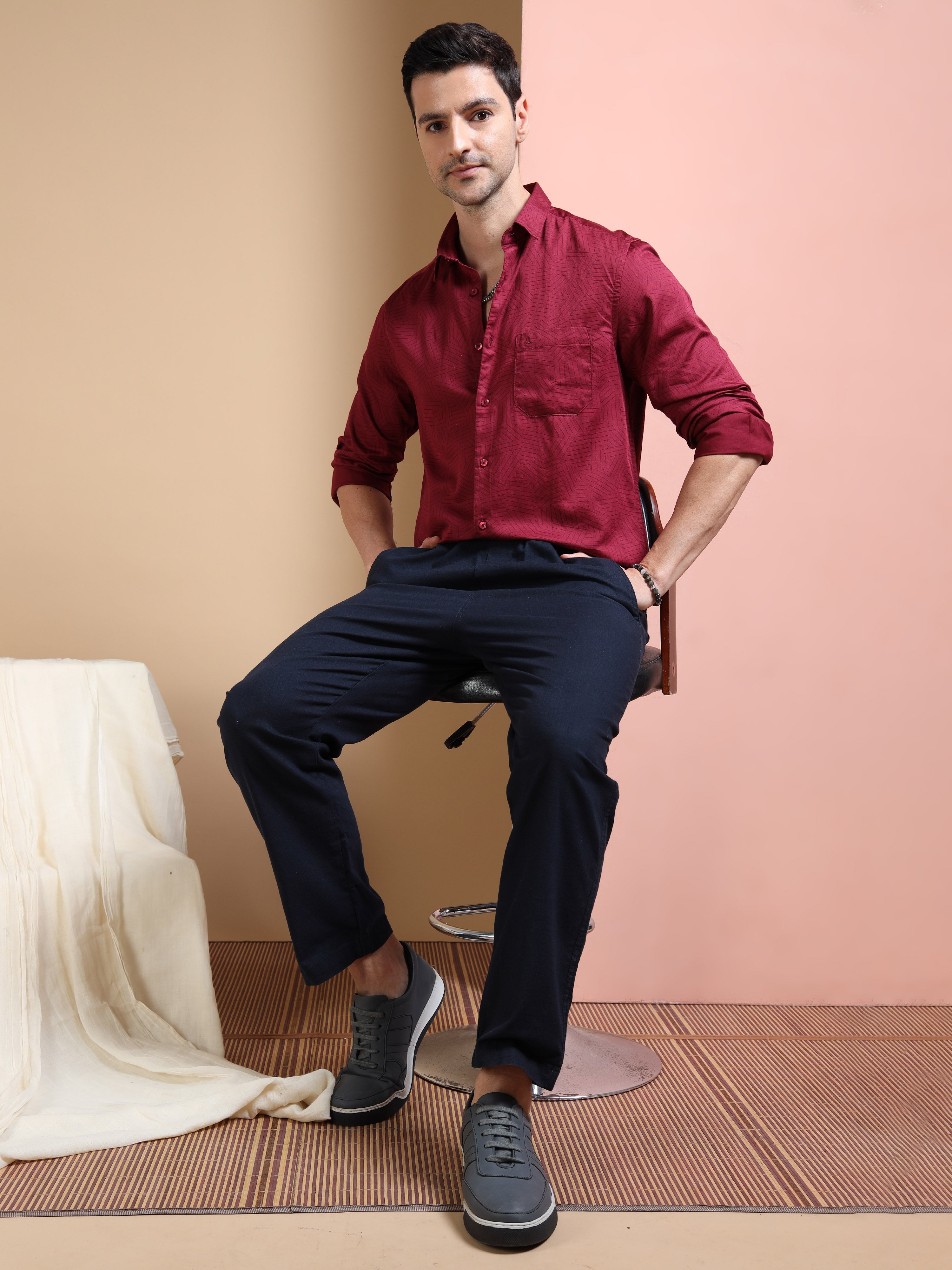 MEN'S MEROON PRINT SLIM FIT SHIRT