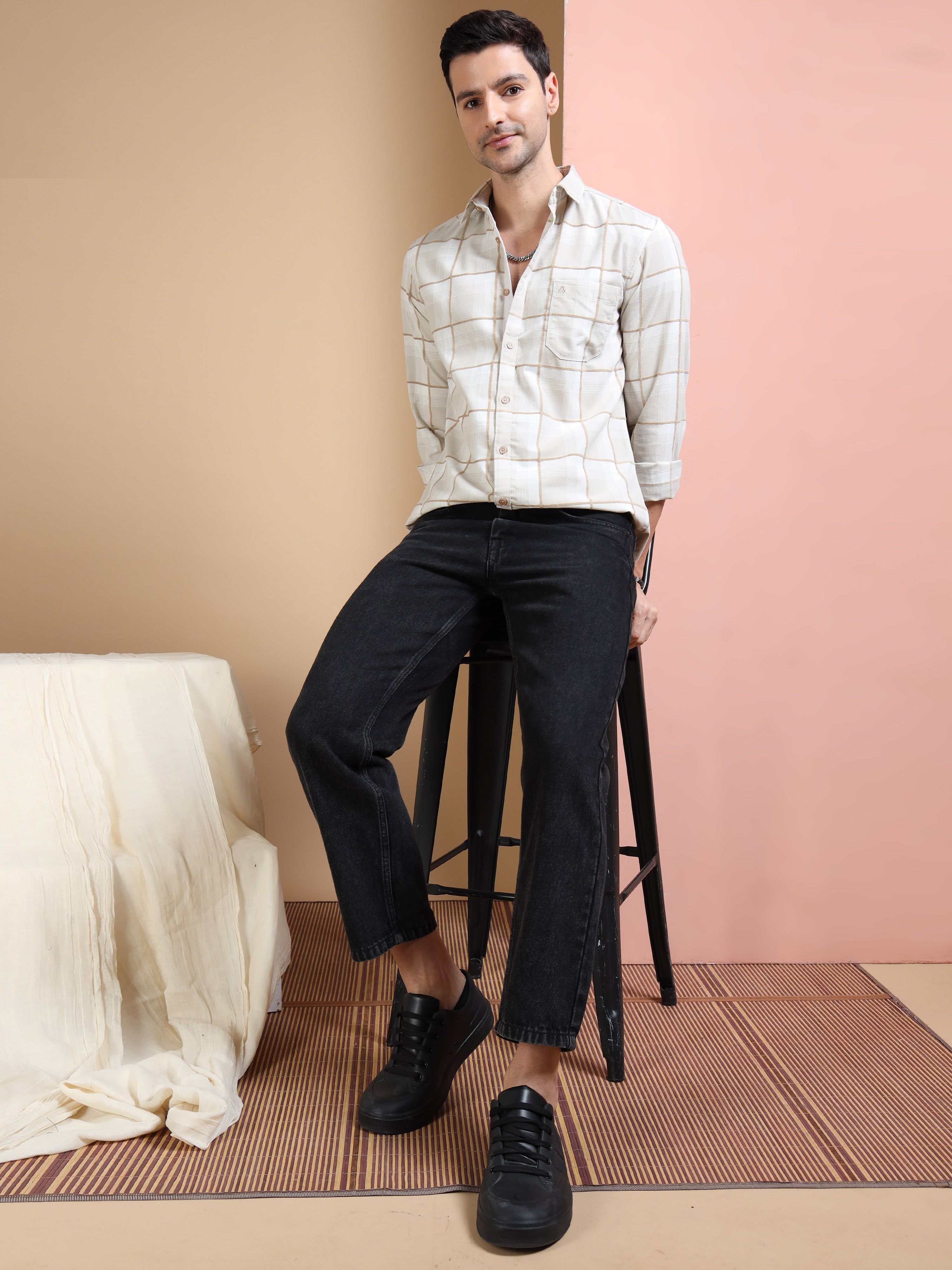 MEN'S DK.KHAKI CHECKS SLIM FIT SHIRT