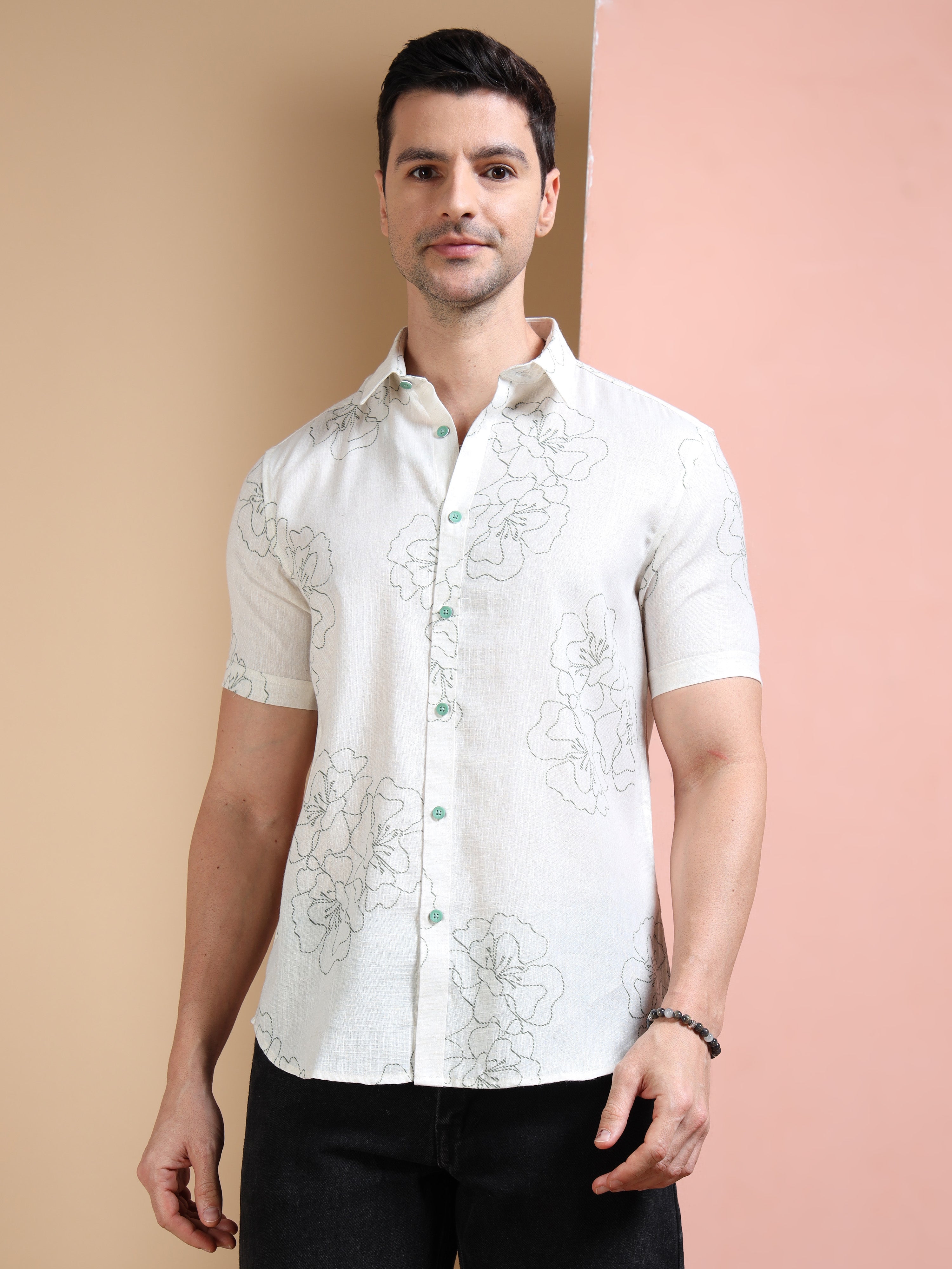 MEN'S GREEN PRINT SLIM FIT SHIRT