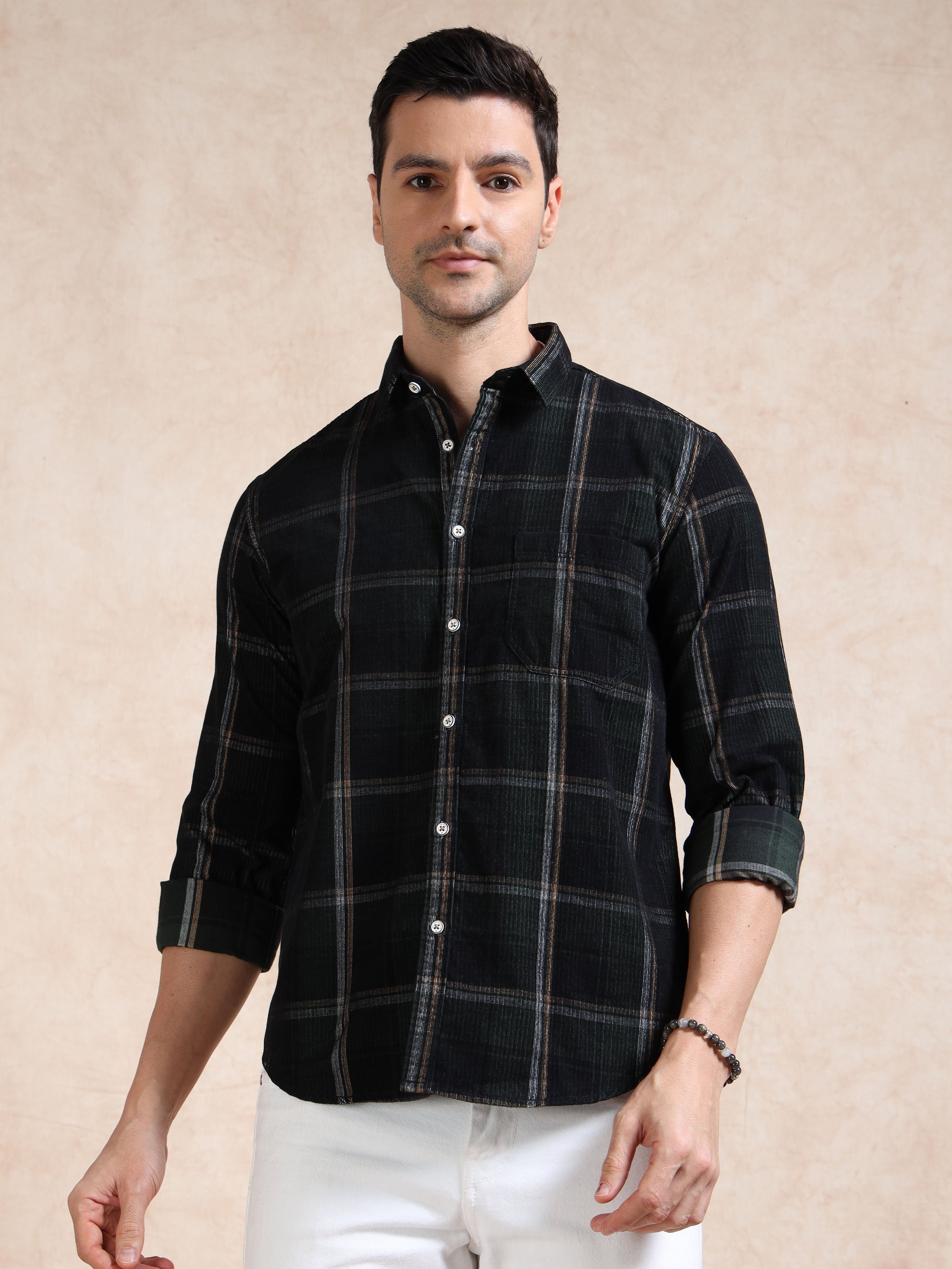 MEN'S GREEN CHECKS SLIM FIT SHIRT