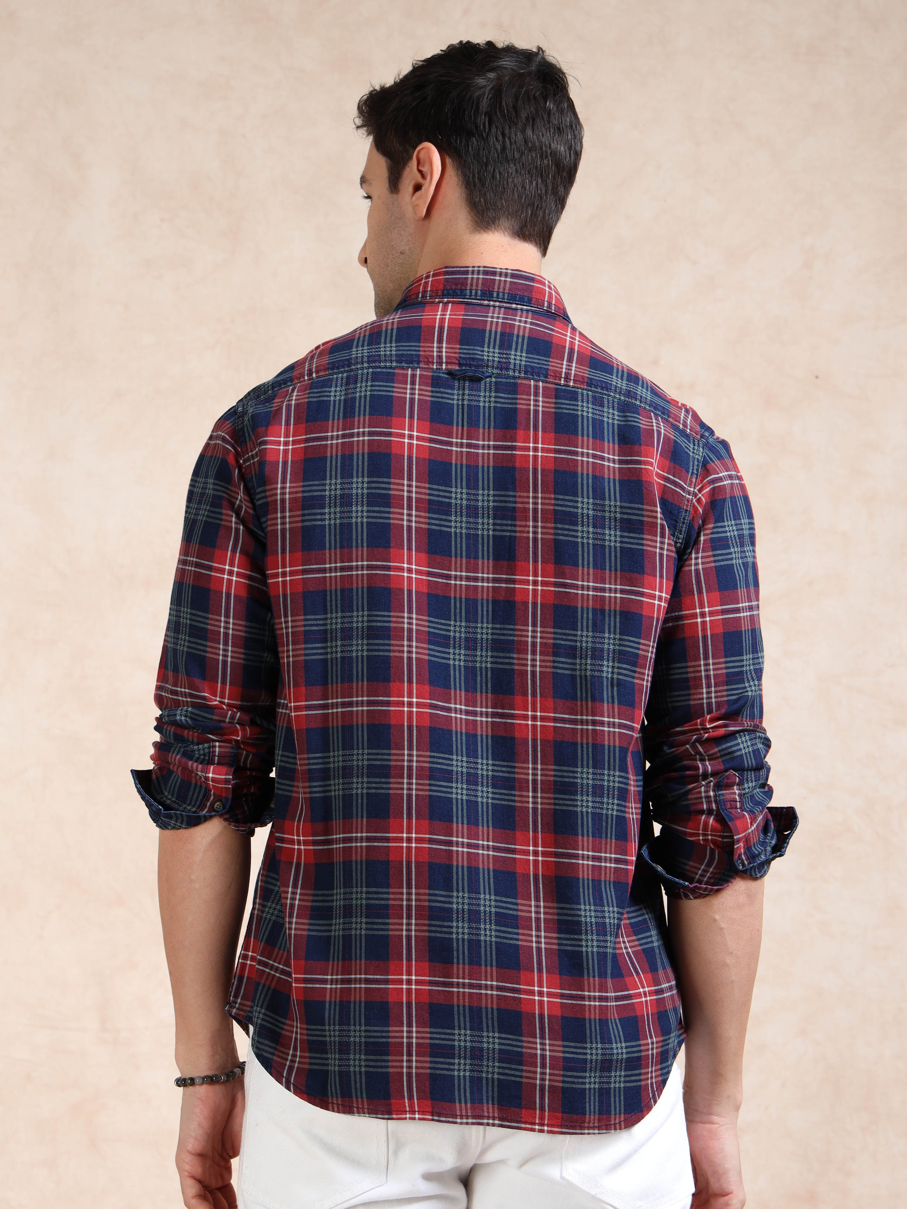 MEN'S RED INDIGO CHECKS SLIM FIT SHIRT