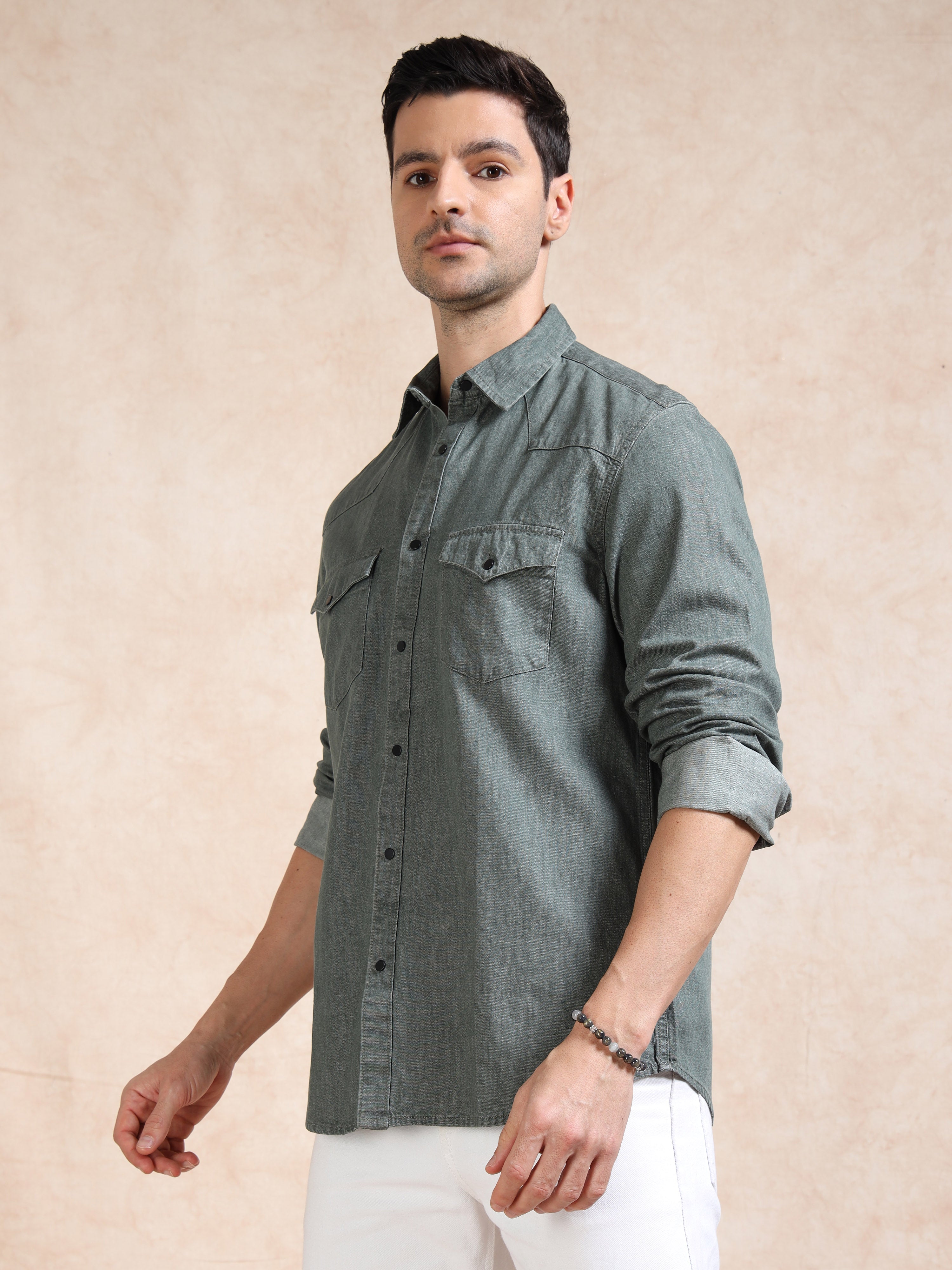 MEN'S GREENISH GREY DENIM SOLID SLIM FIT SHIRT