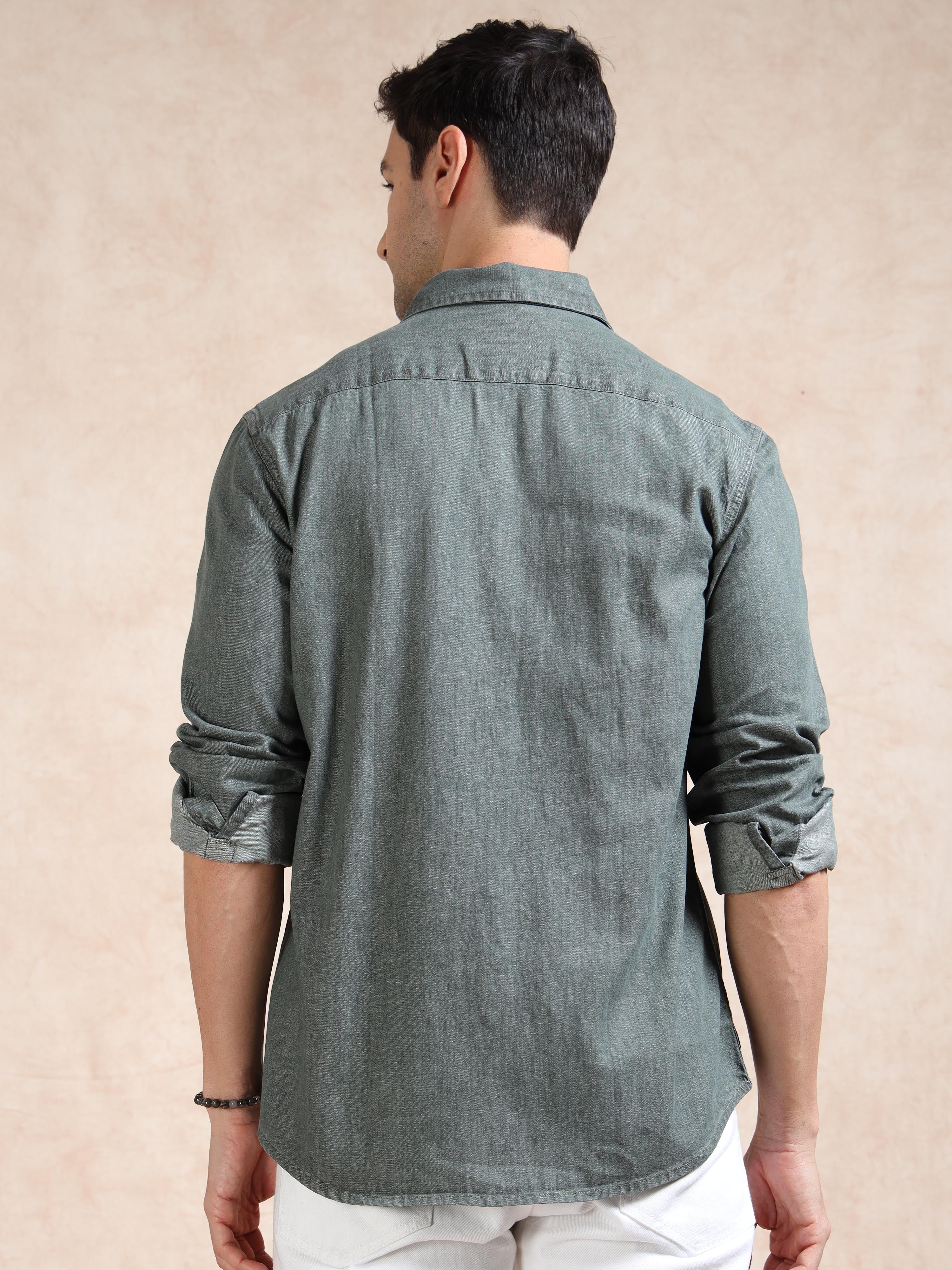 MEN'S GREENISH GREY DENIM SOLID SLIM FIT SHIRT
