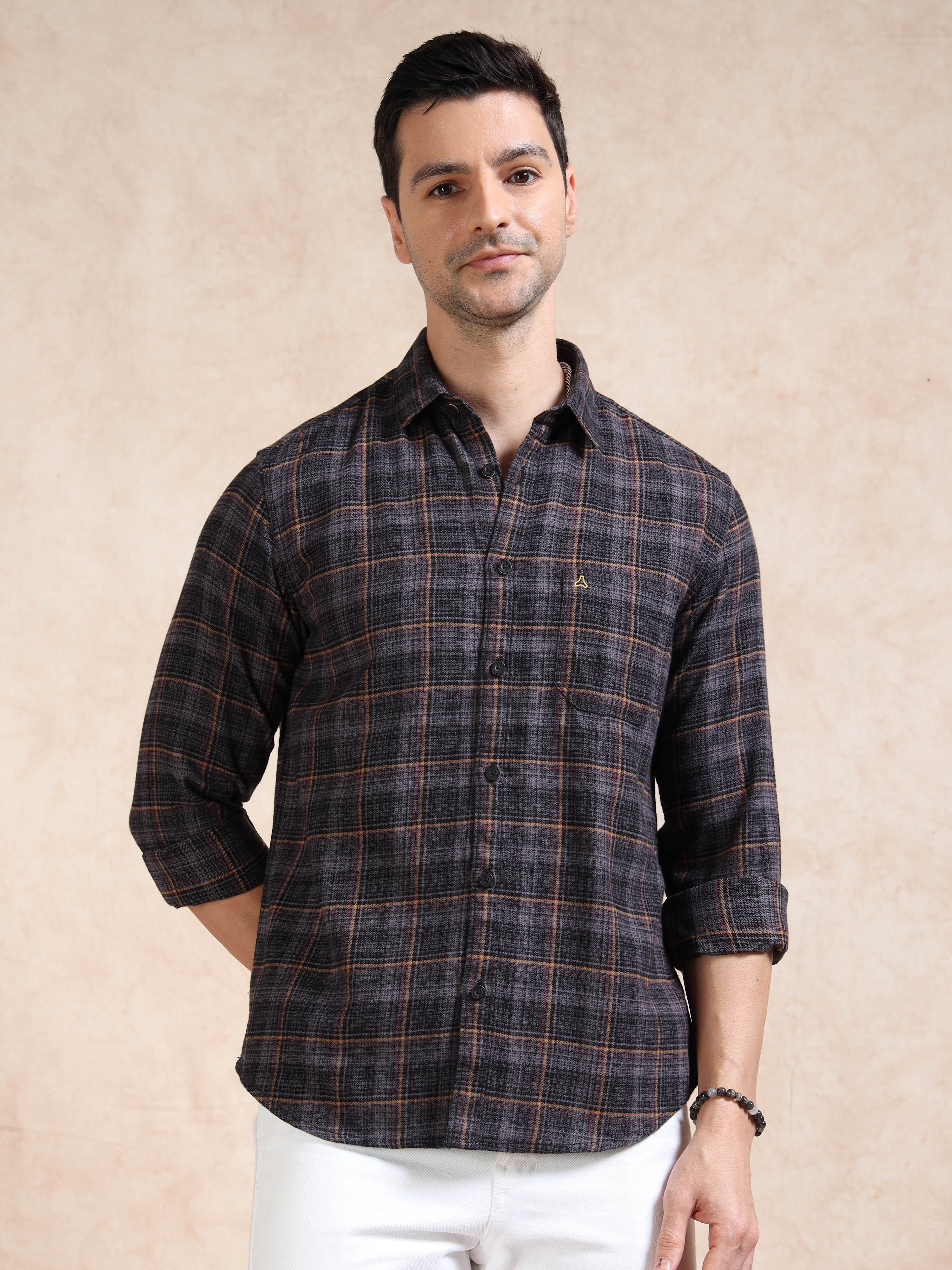 MEN'S BLACK BRUSHING CHECKS SLIM FIT SHIRT