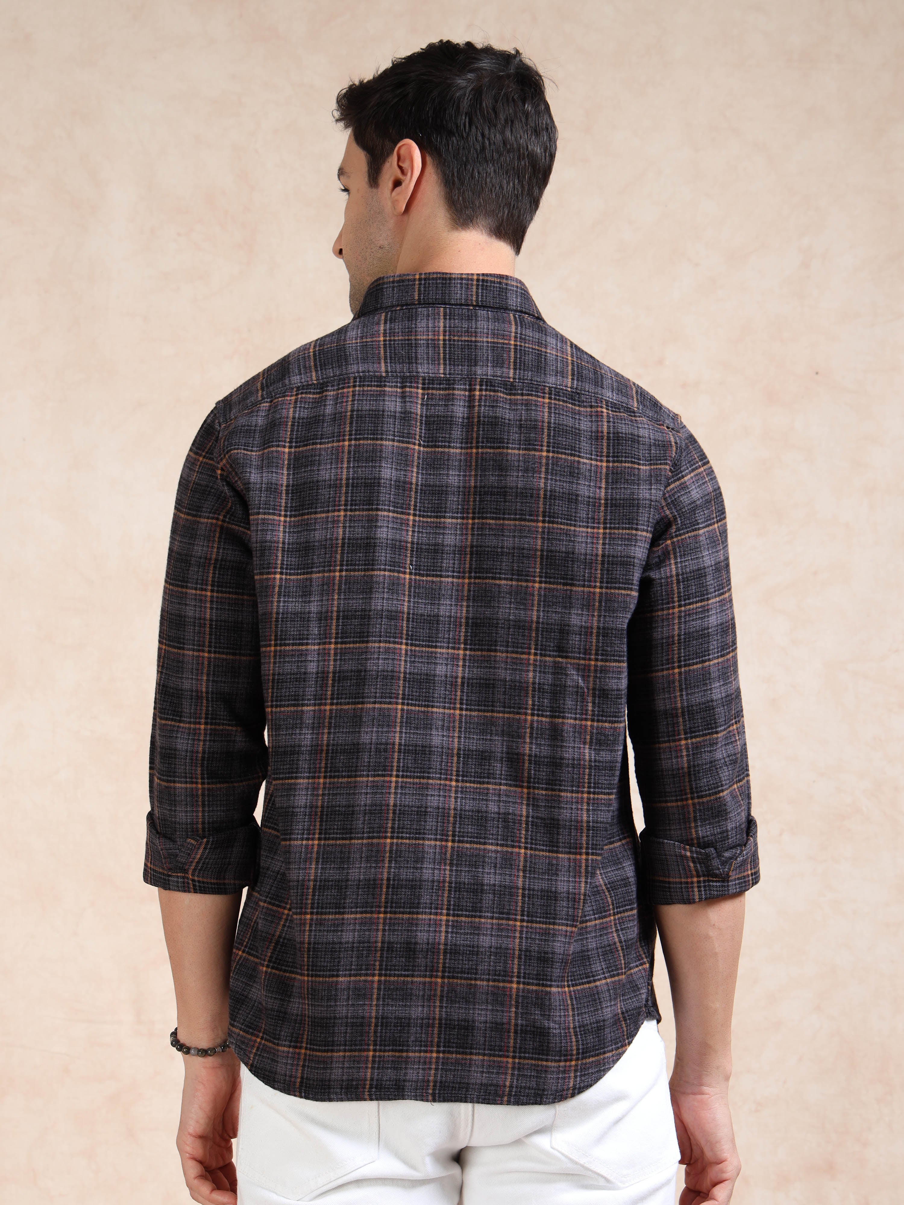 MEN'S BLACK BRUSHING CHECKS SLIM FIT SHIRT