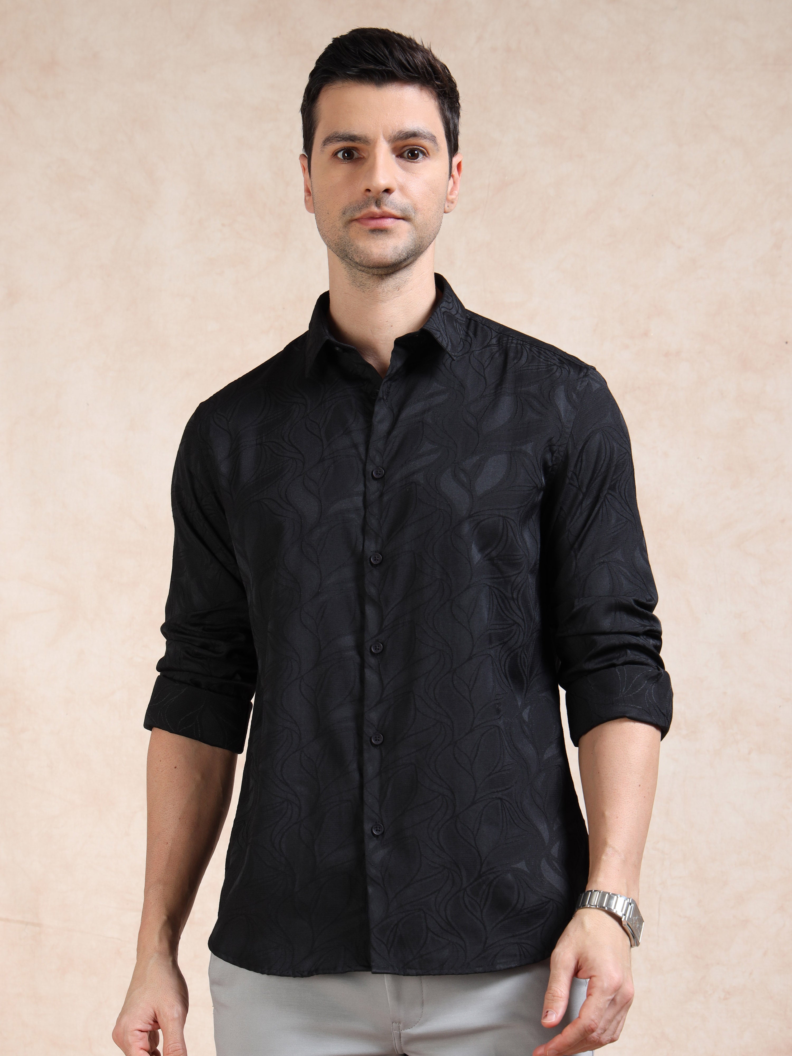 MEN'S BLACK SELF DESIGN SLIM FIT SHIRT