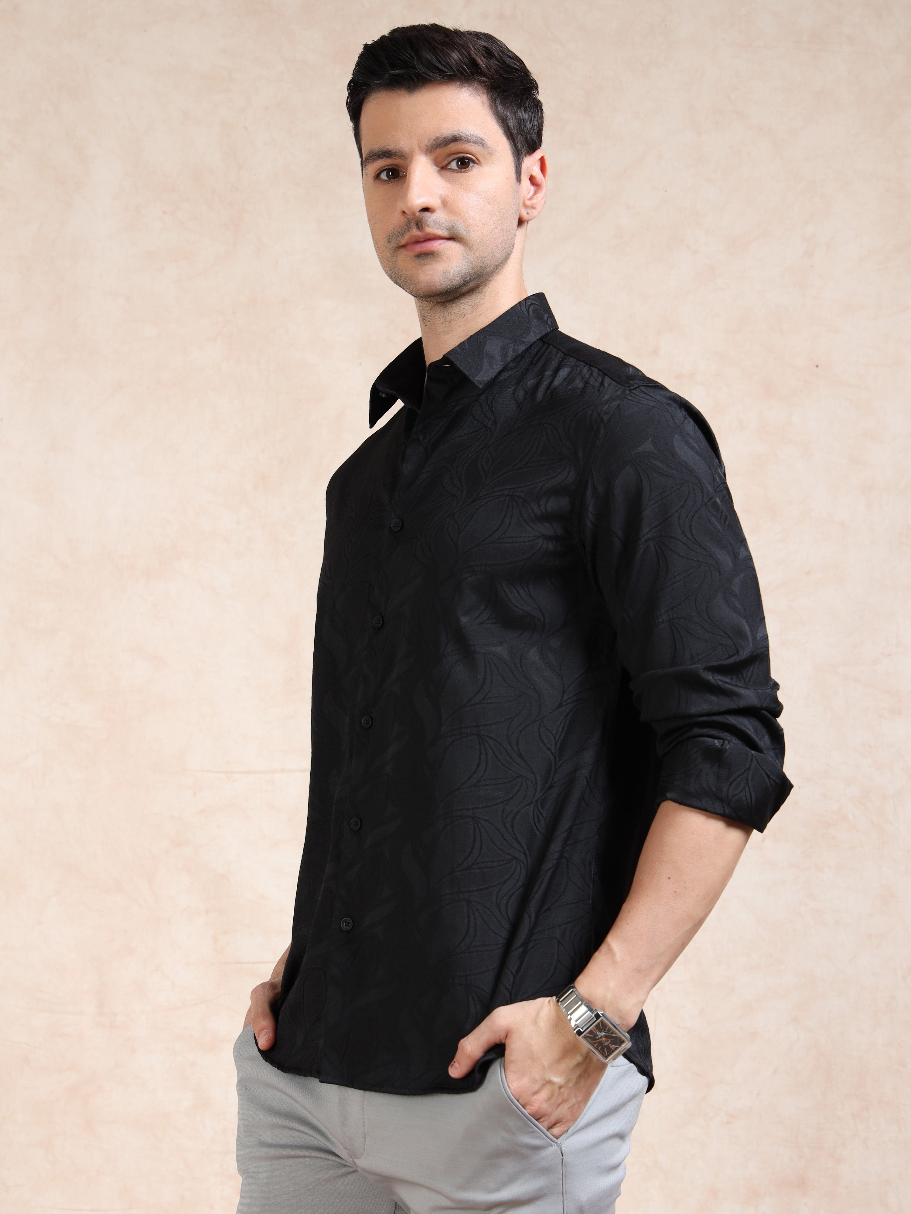 MEN'S BLACK SELF DESIGN SLIM FIT SHIRT