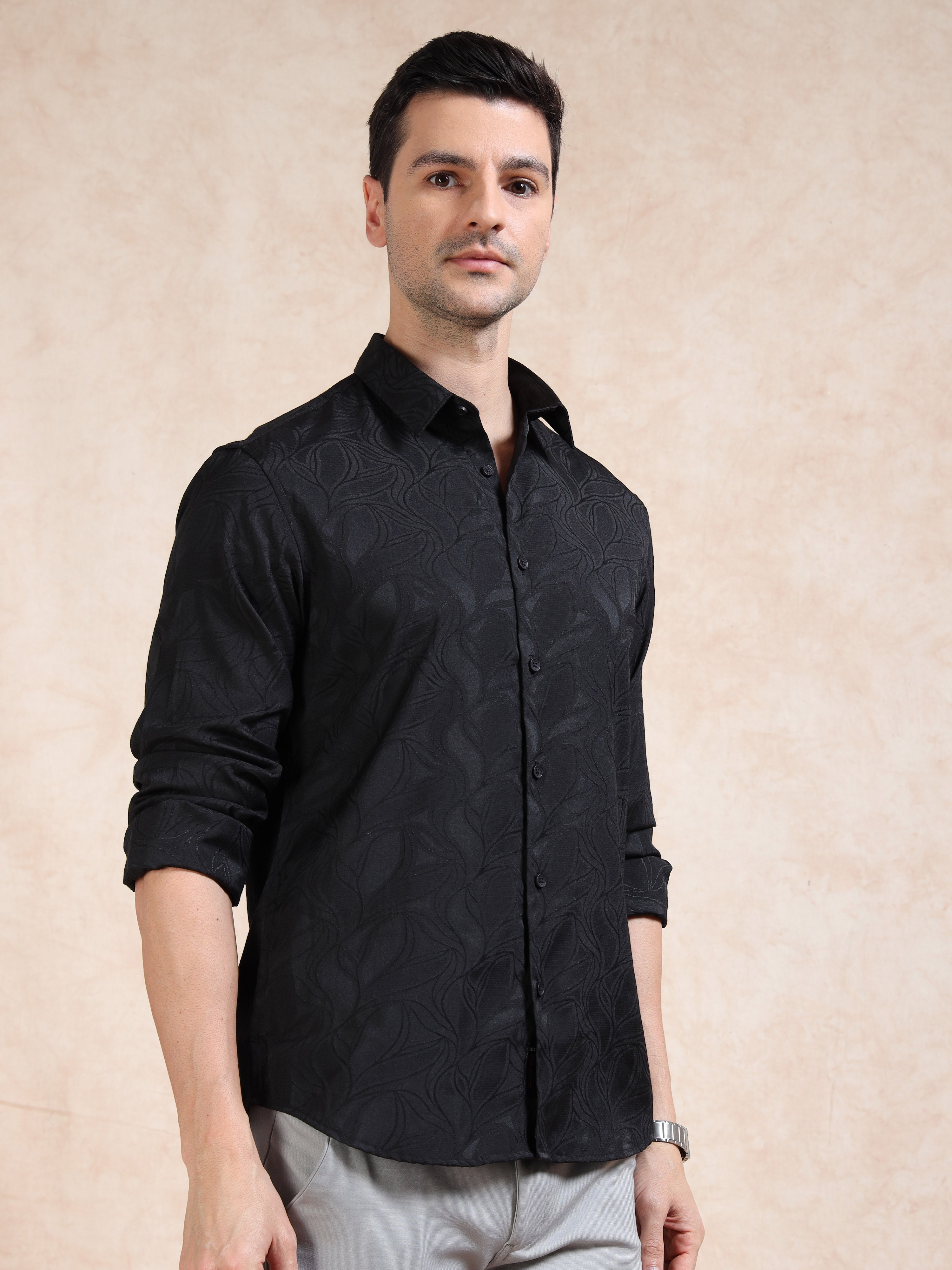 MEN'S BLACK SELF DESIGN SLIM FIT SHIRT