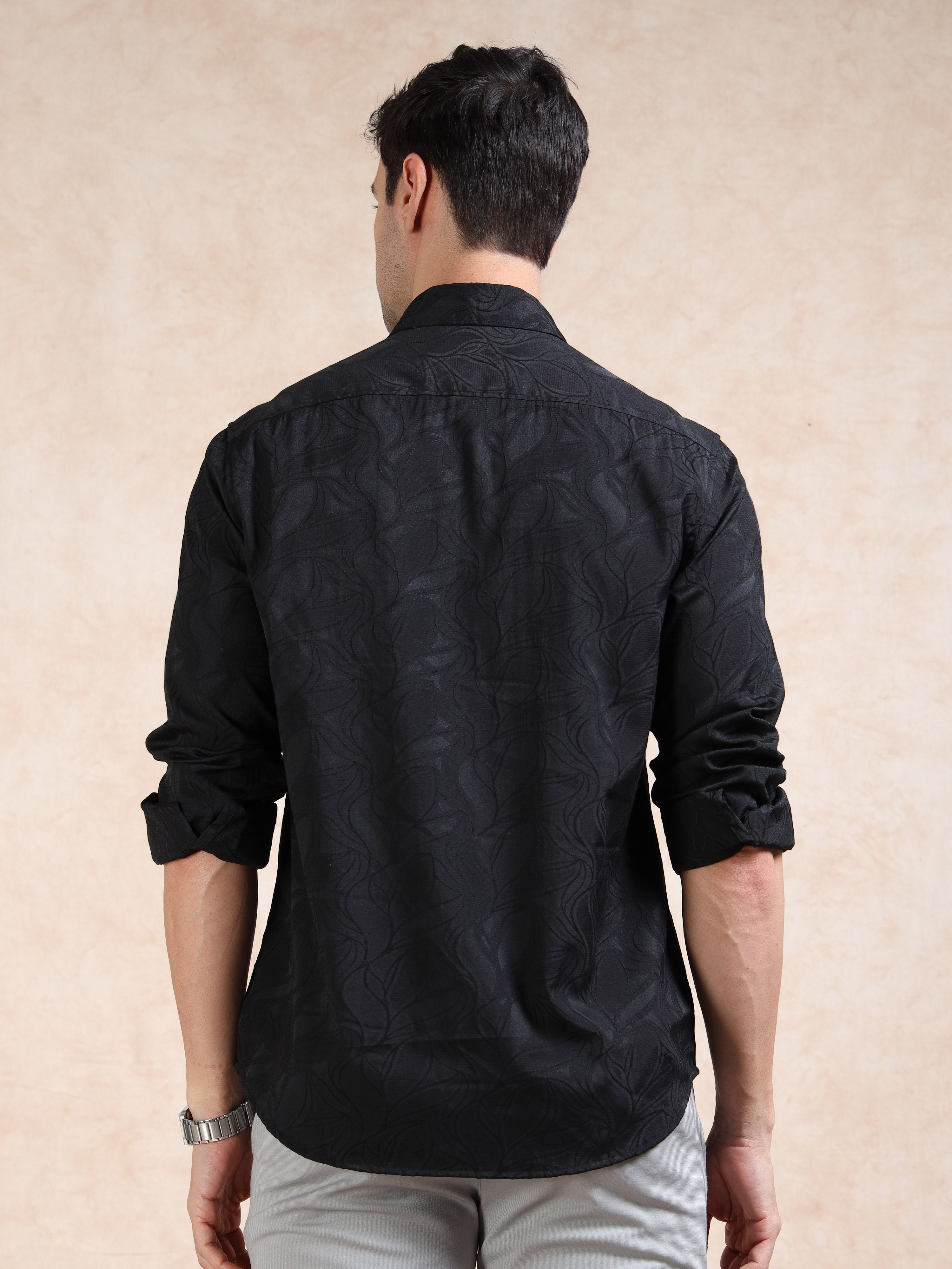 MEN'S BLACK SELF DESIGN SLIM FIT SHIRT