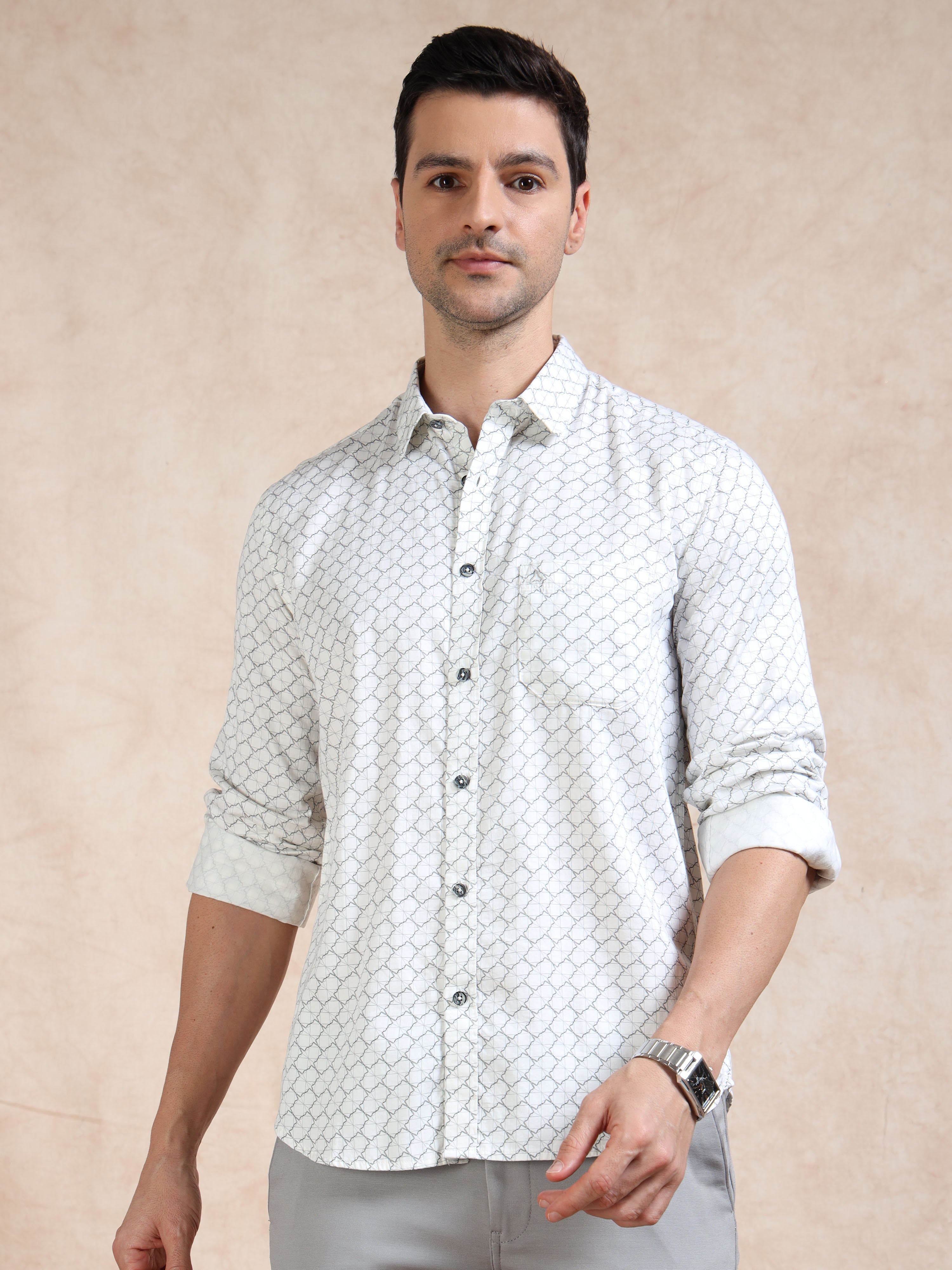 MEN'S OFF WHITE PRINT SLIM FIT SHIRT